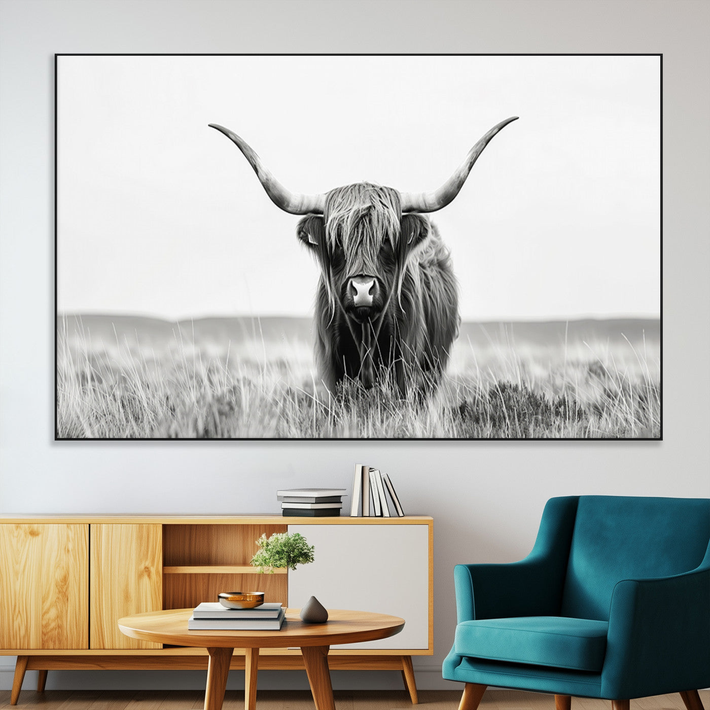 SEG-FC-51X34_Oversize - Highland Cow Canvas Wall Art – Majestic Beauty in Black and White