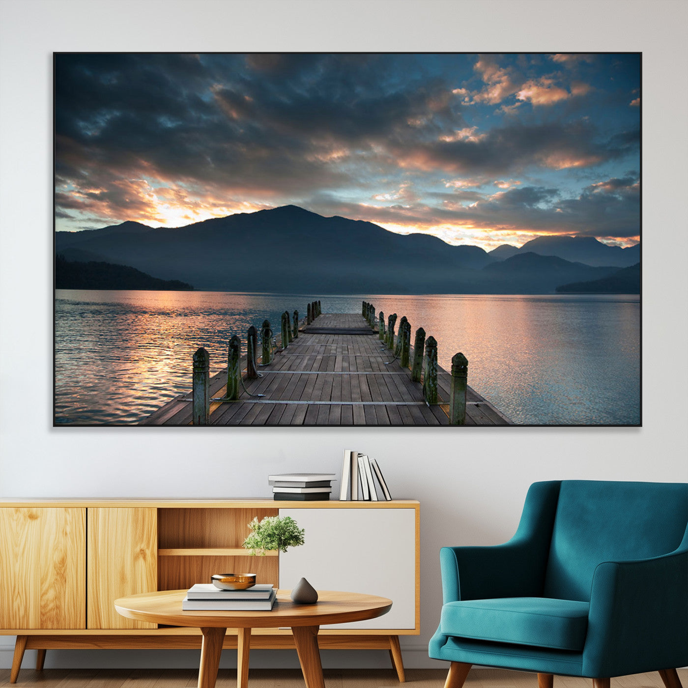SEG-FC-51X34_Oversize - Mountain Lake Wood Pier Canvas Wall Art Nature Lake Print