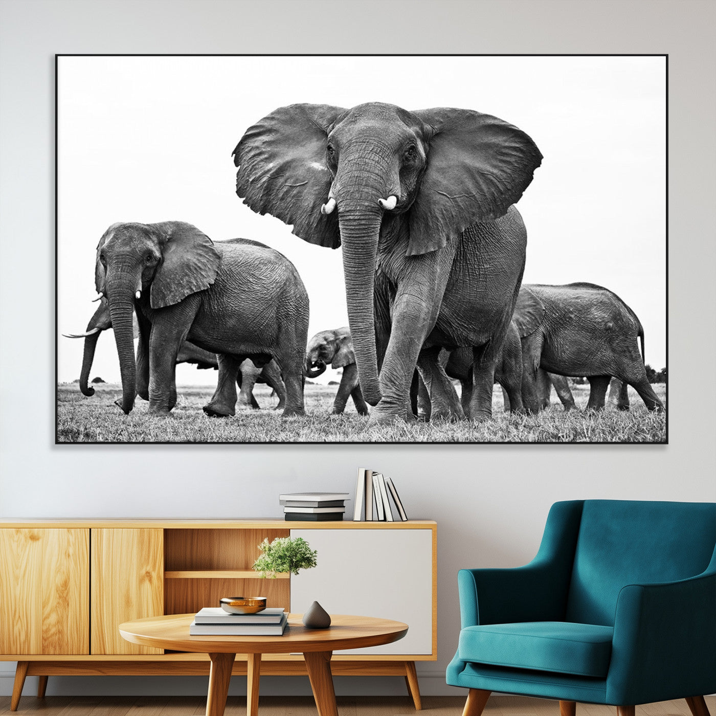 -Black White Elephant Family Wall Art Canvas Print