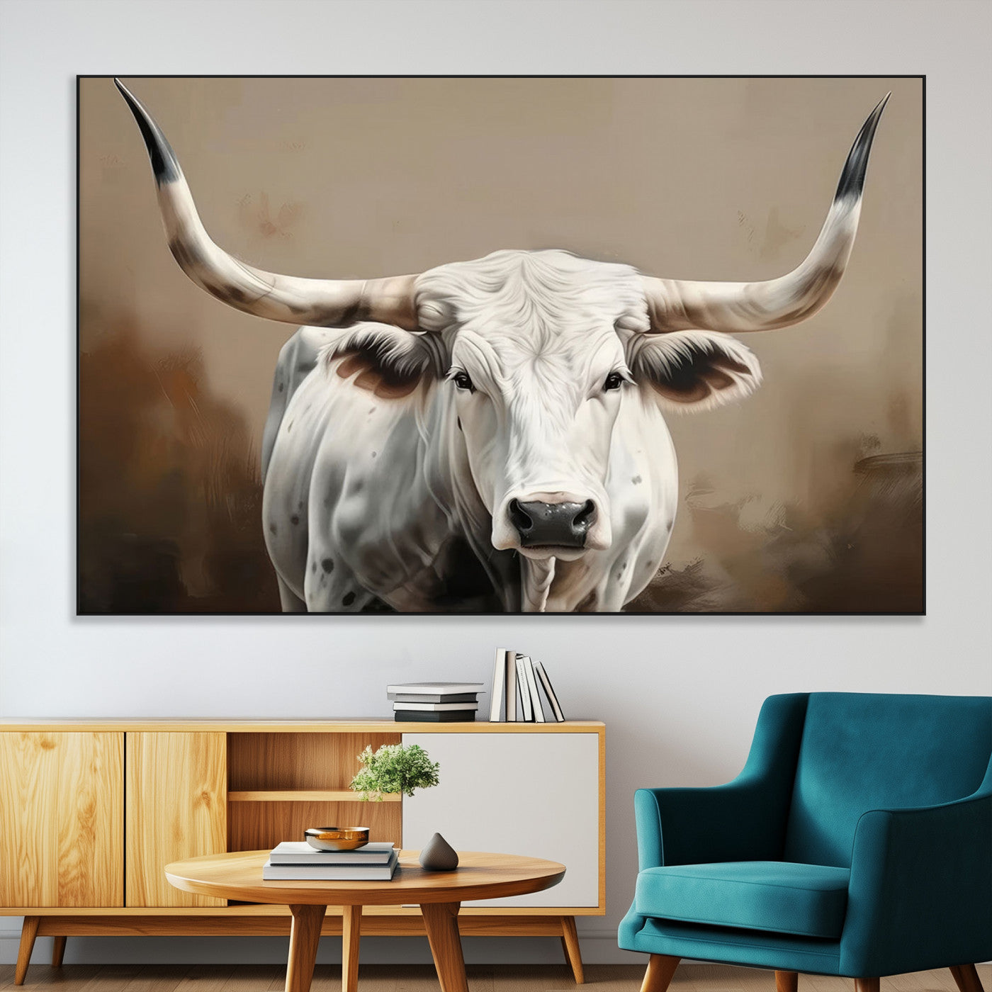 -White Longhorn Bull Wall Art Canvas Print – Framed and Ready to Hang – Perfect for Farmhouse and
