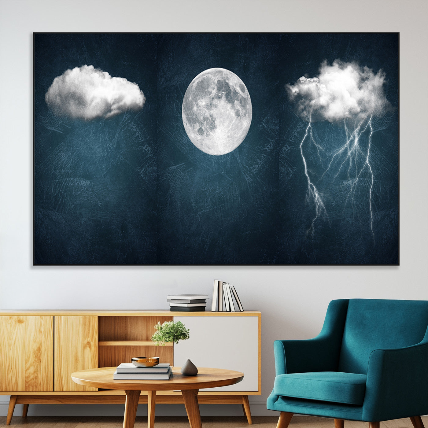 -3 Piece Indigo Cloud Wall Art, Thunderstorm Moon Cloud Artworks