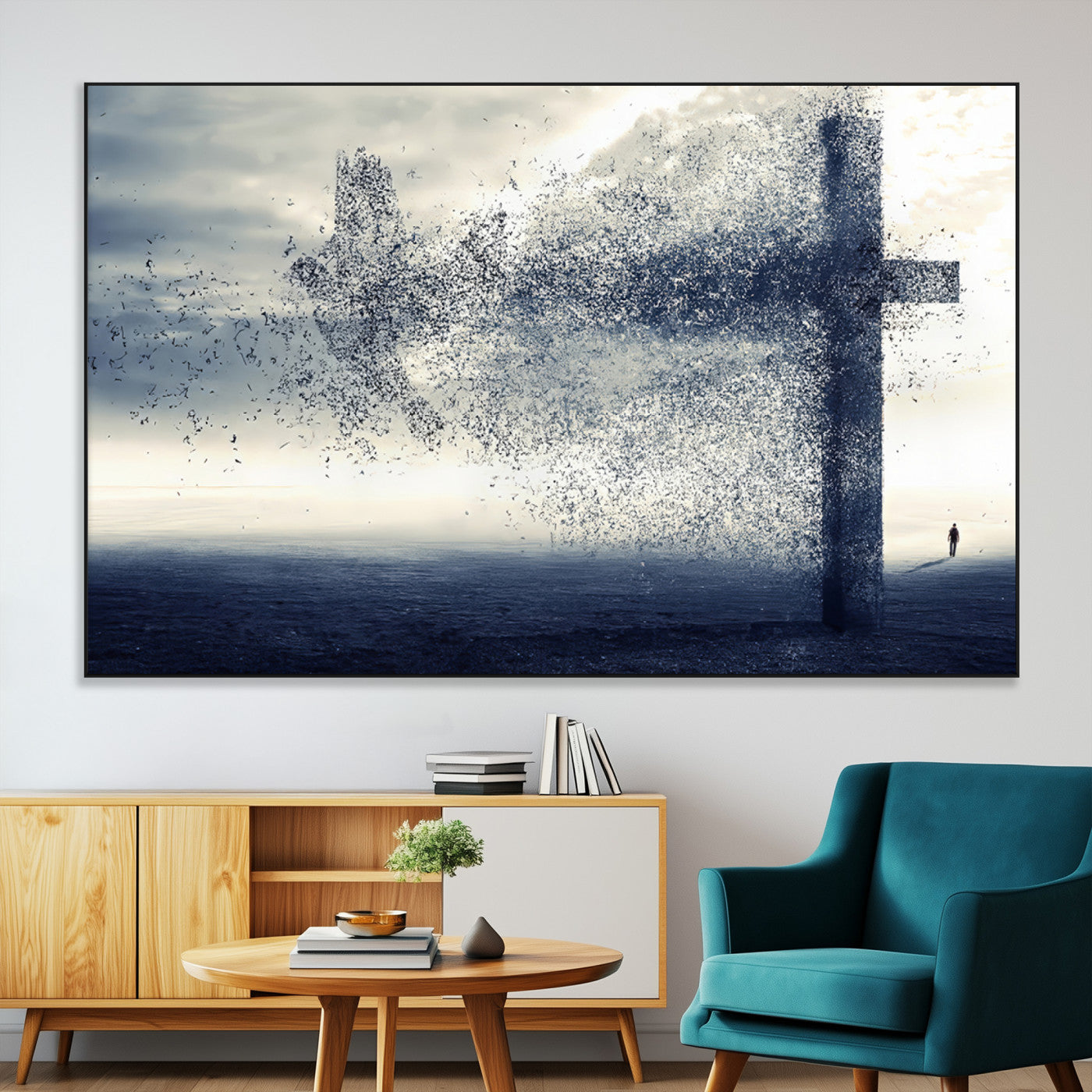 SEG-FC-51X34_Oversize - Jesus and the Fading Cross Wall Art Print – Symbol of Faith, Christian Wall Art Canvas Print, Framed