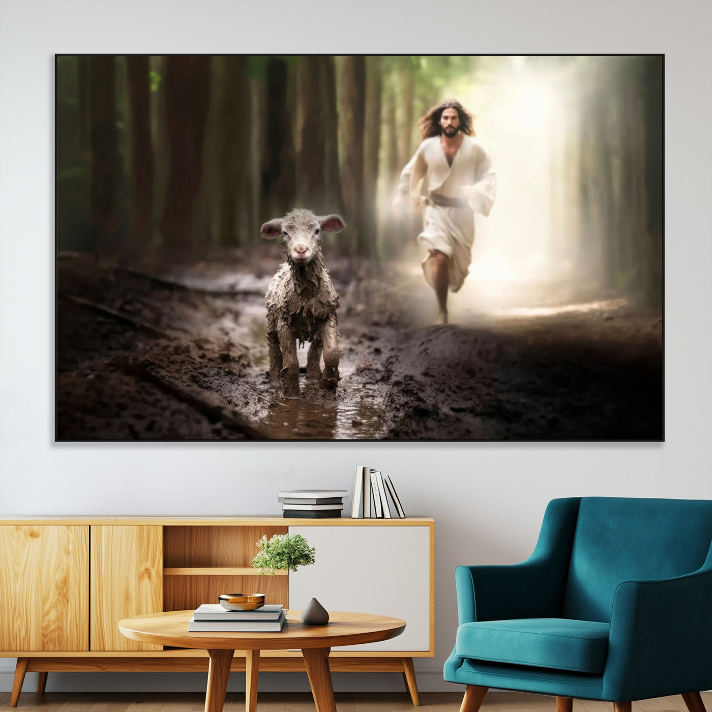 SEG-FC-51X34_Oversize - Jesus Canvas Wall Art - Jesus Running After Lost Lamb, Jesus, Christian Home Decor - Church Wall Art