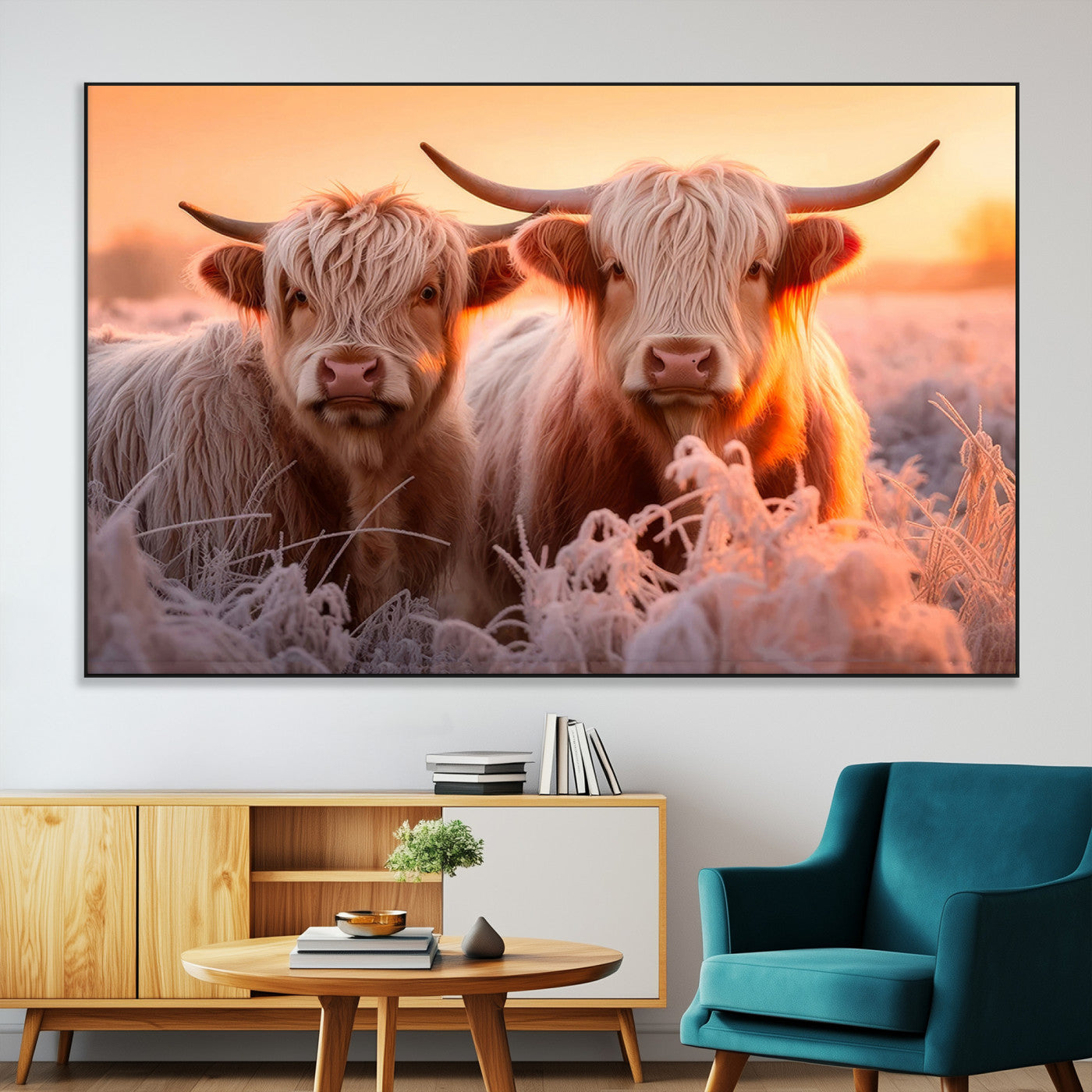 -Highland Cows at Sunrise Wall Art Canvas Set – Serene and Rustic Farmhouse Decor