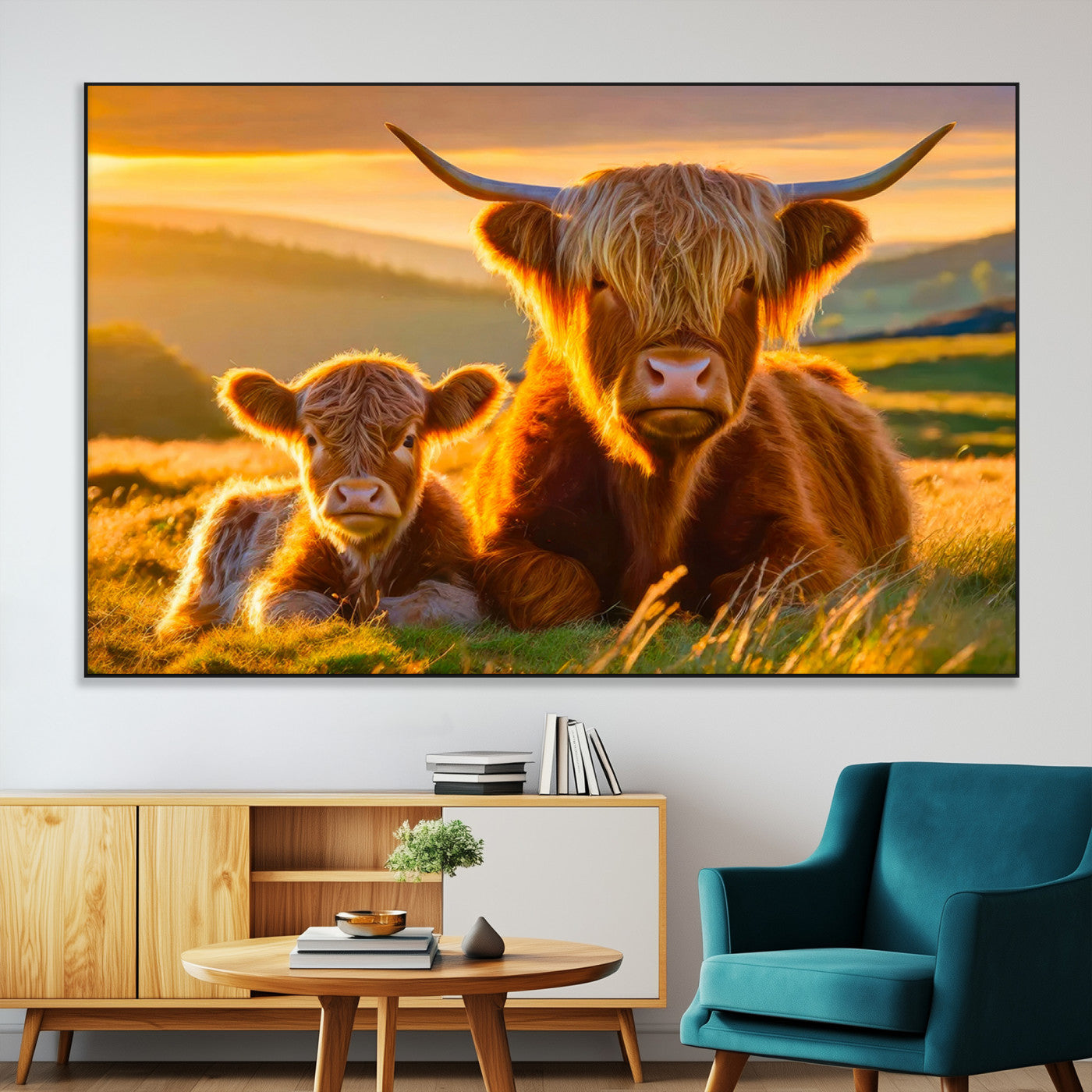 -Scottish Cow and Baby Cow Canvas Wall Art Animal Print Fluffy Cattle Framed Farmhouse Decor