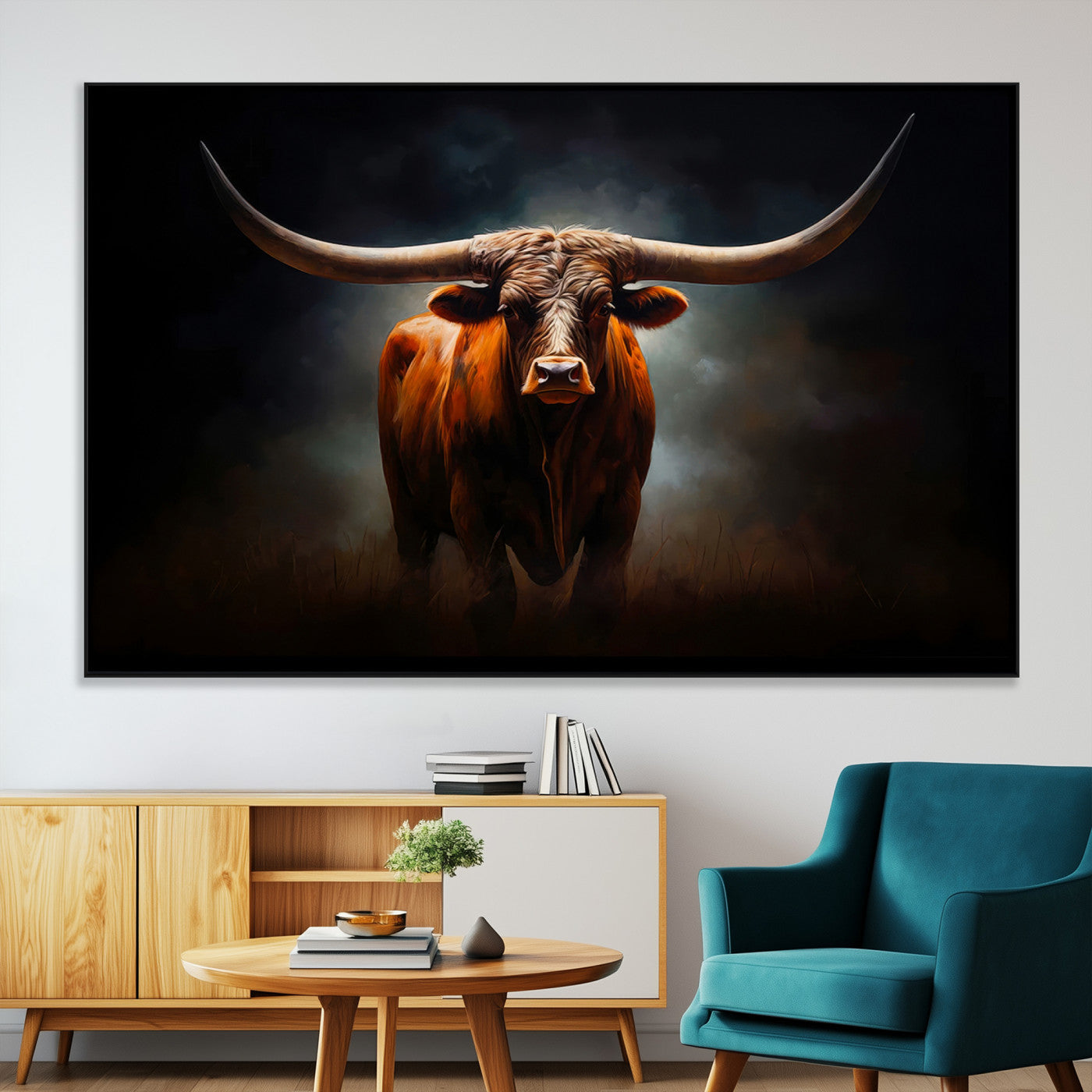 SEG-FC-51X34_Oversize - Abstract Texas Longhorn Wall Art Print | 3-Panel Large Texas Longhorn Canvas Print for Living Room,
