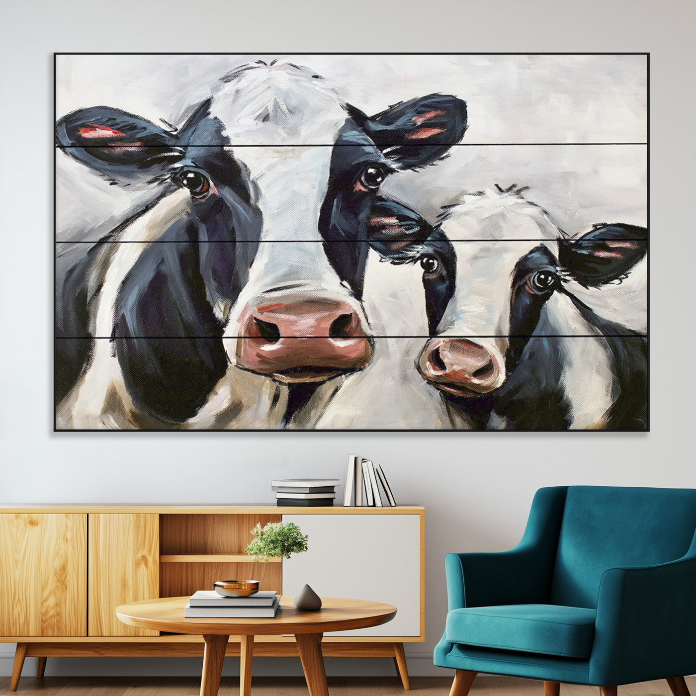 -Vintage Baby and Mom Cattle Wall Art Canvas Print