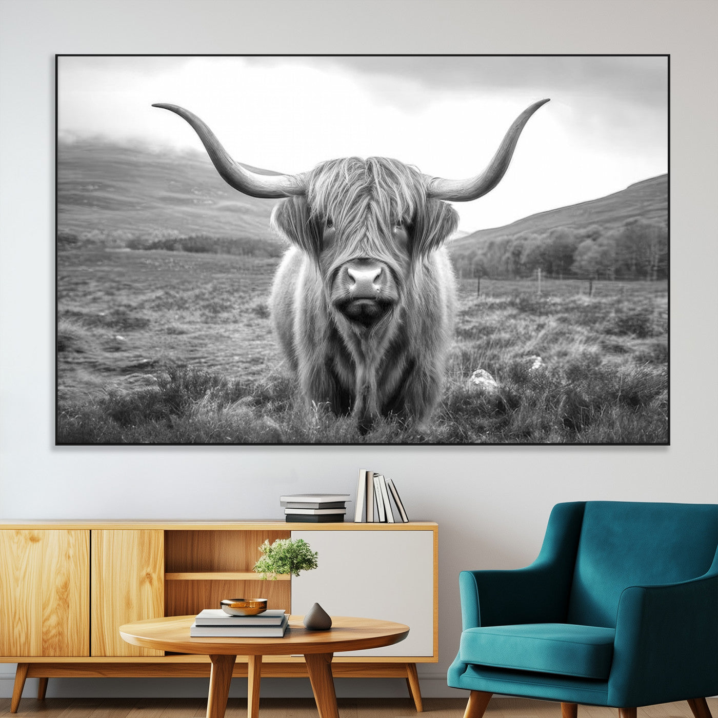 SEG-FC-51X34_Oversize - Black White Scottish Highland Cow Canvas Farm Wall Art Canvas Print