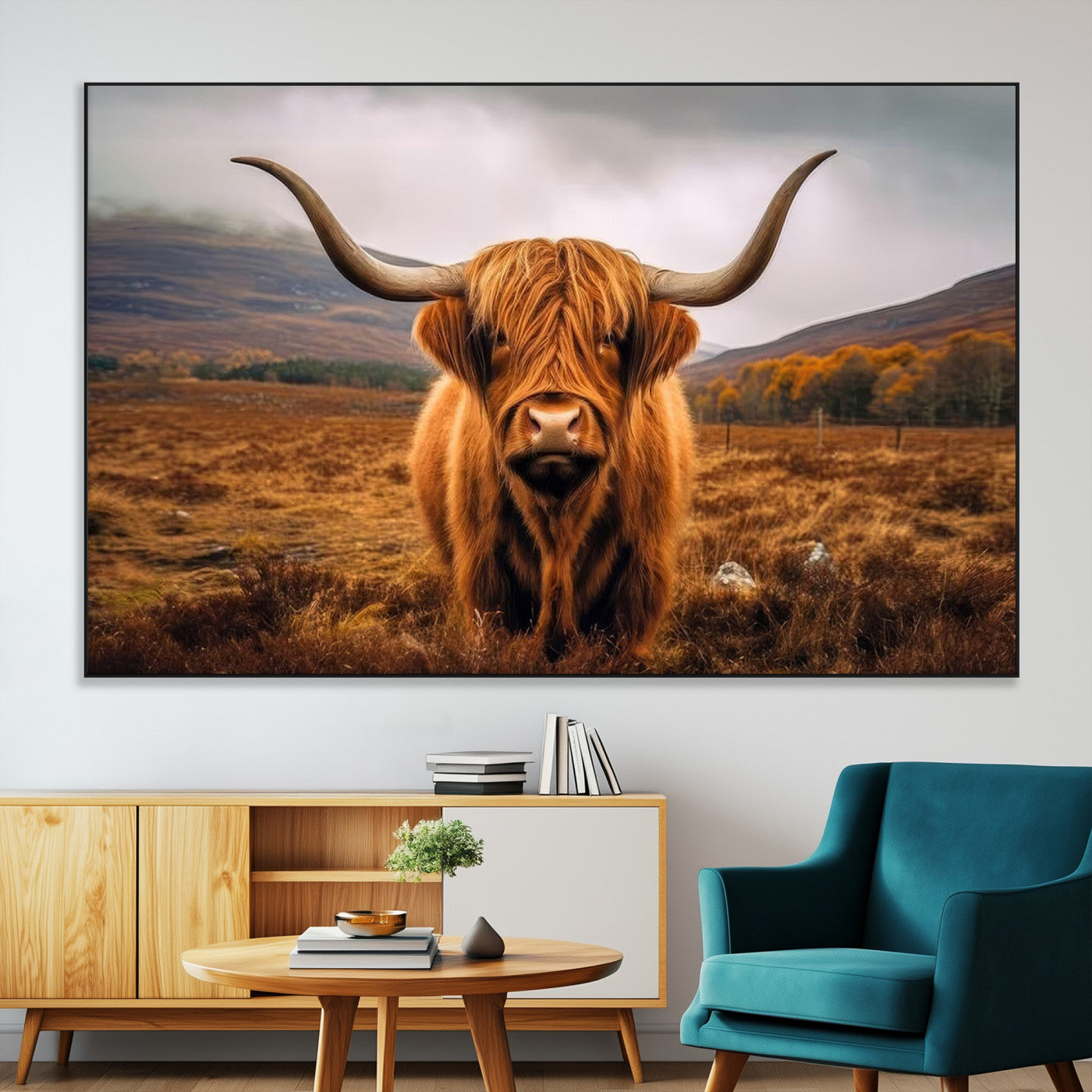 -Highland Cow Longhorn Wall Art – Rustic Canvas Print, Framed and Ready to Hang for Farmhouse Décor
