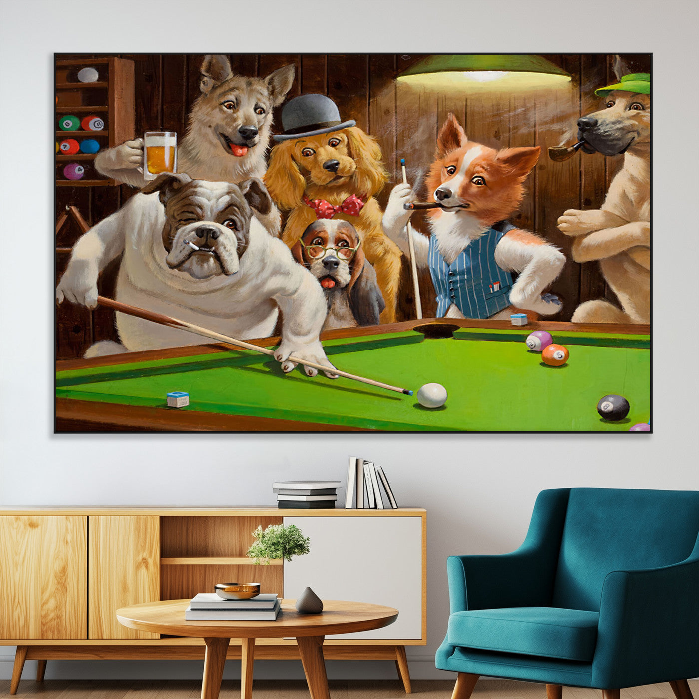 SEG-FC-51X34_Oversize - Dogs Playing Pool Canvas Wall Art Funny Gifts Dog Print