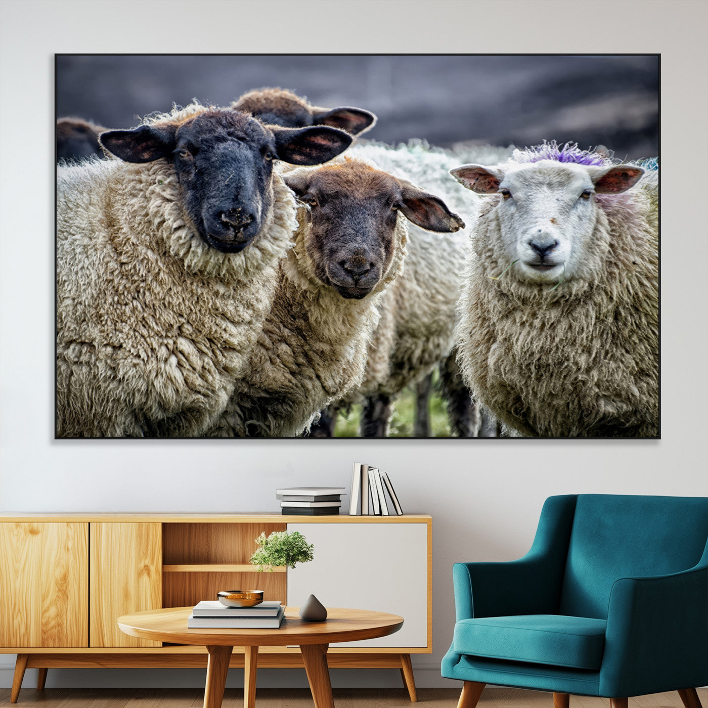 -Charming Sheep Portrait Wall Art – Trio of Woolly Companions Canvas Print, Framed, Ready to Hang