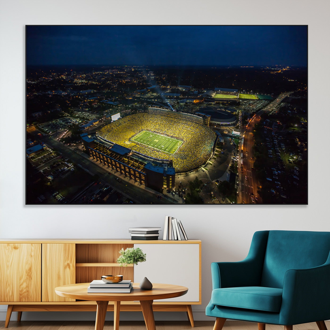 -Michigan Stadium Night Game Wall Art – Sports Arena Aerial View Canvas Print, Framed, Ready to Hang