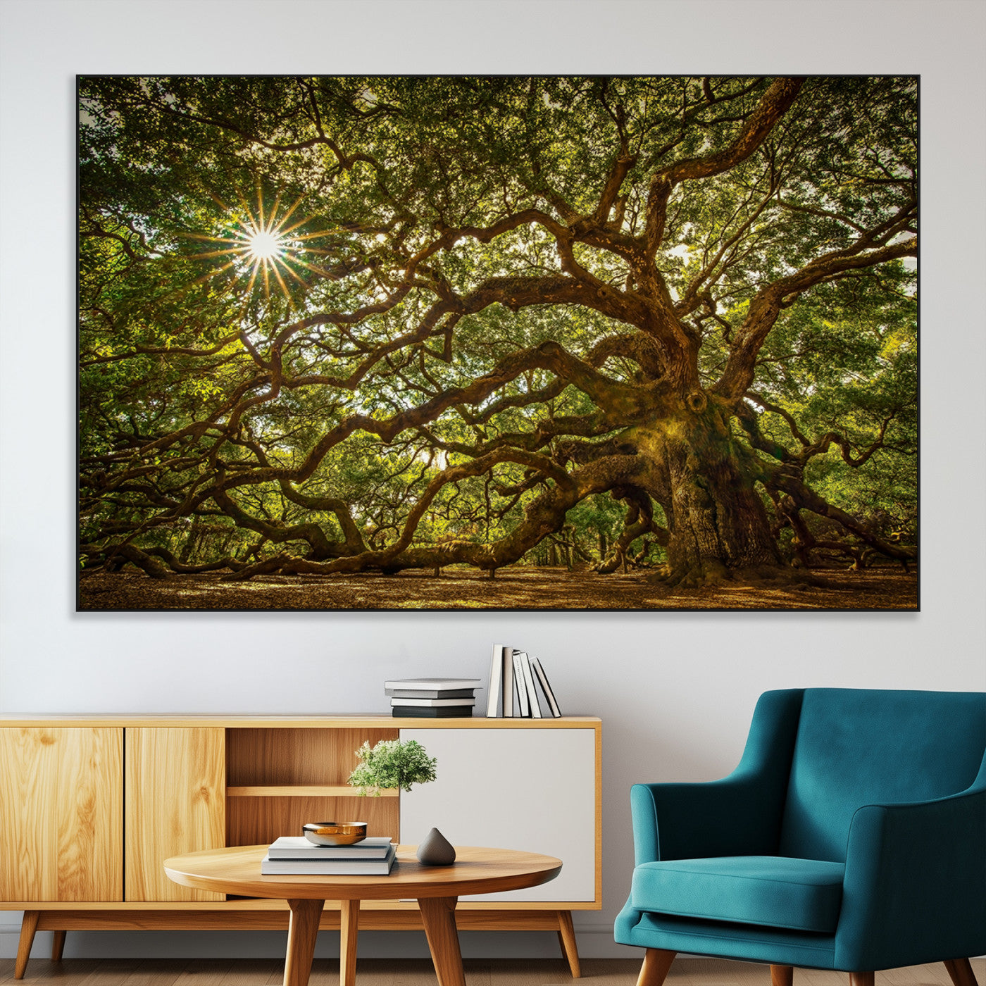 SEG-FC-51X34_Oversize - Ancient Angel Oak Tree Art Sunburst Canvas Print- Nature-Inspired Triptych Canvas Print, Framed,
