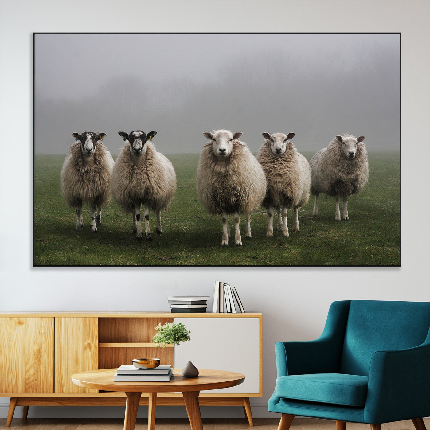 -Flock of Sheep in a Mystical Fog – Pastoral Wall Art Canvas Print, Framed, Ready to Hang