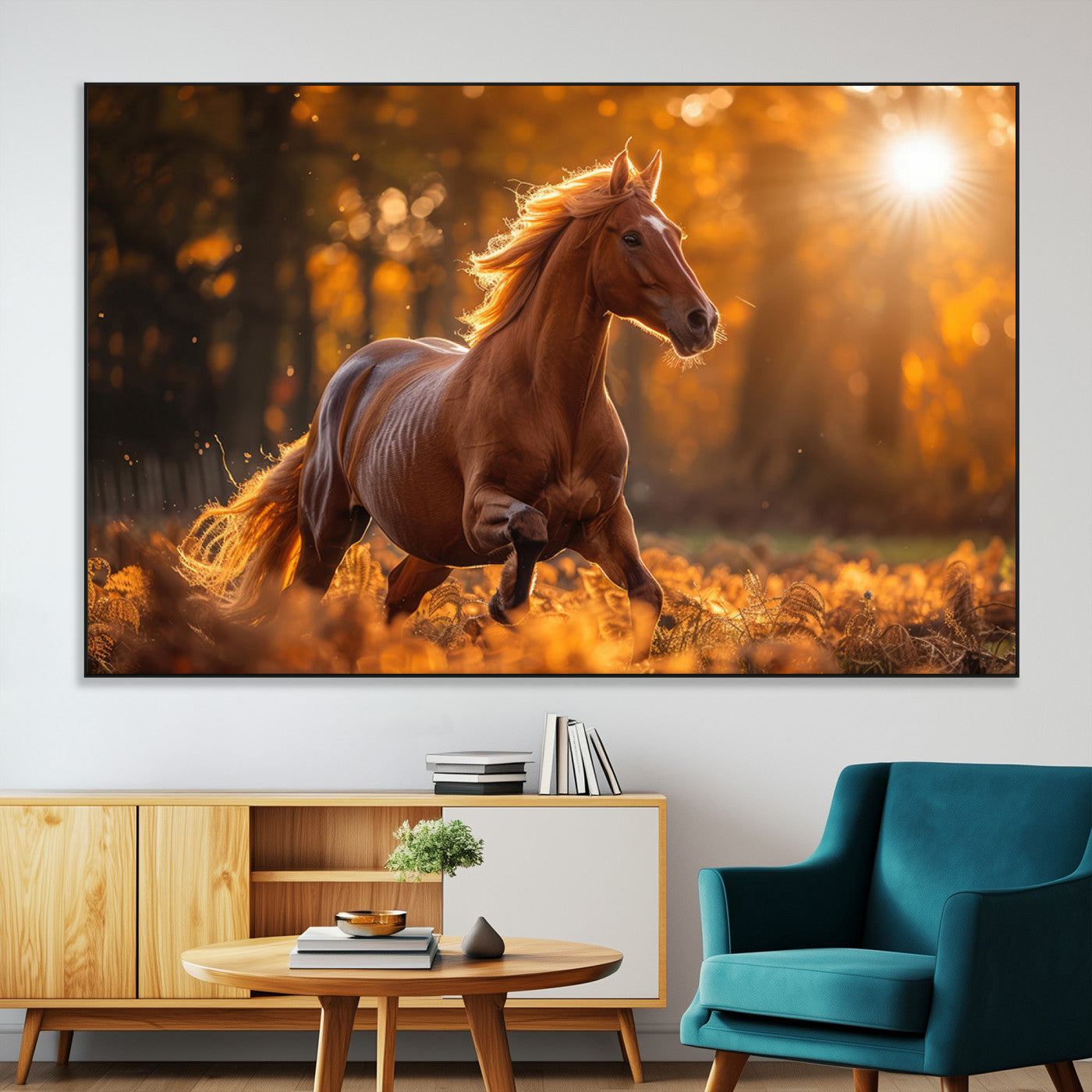 -Running Horse Sunset Forest Wall Art Canvas Print