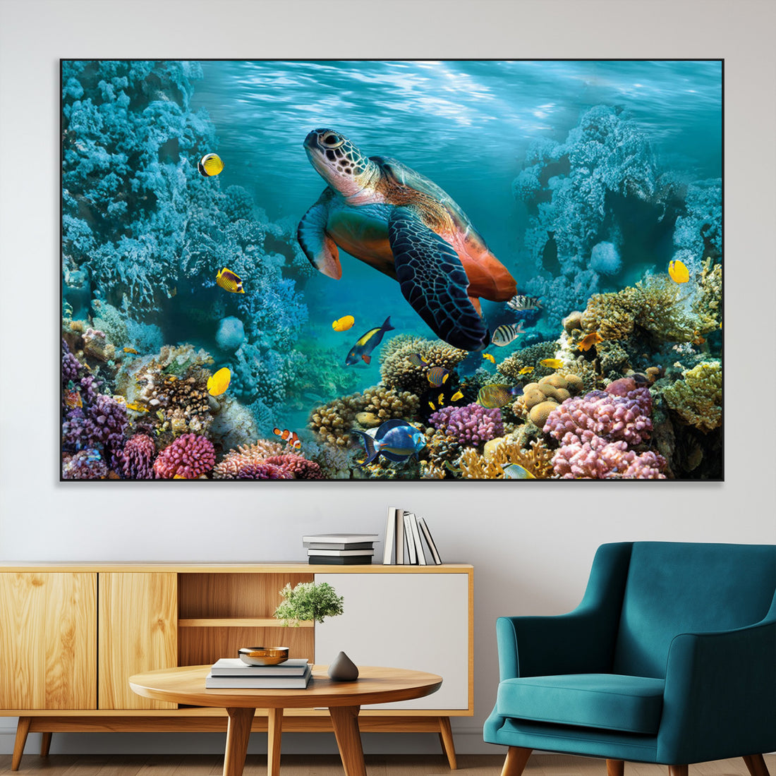 Sea Turtle and Coral Reef Triptych Wall Art, Vibrant Underwater Scene Canvas Set