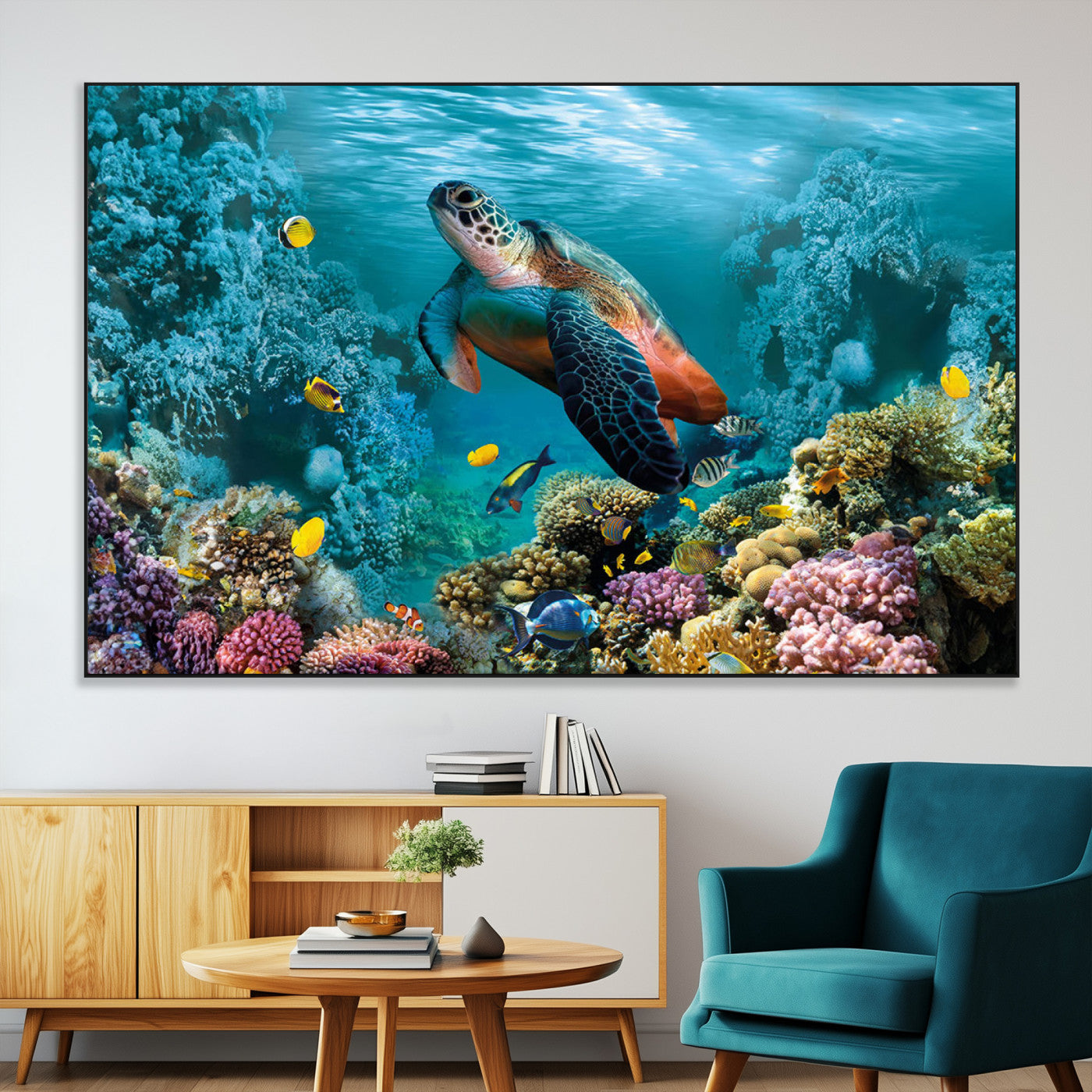 SEG-FC-51X34_Oversize - Sea Turtle and Coral Reef Triptych Wall Art – Vibrant Underwater Scene Canvas Set for Ocean Lovers