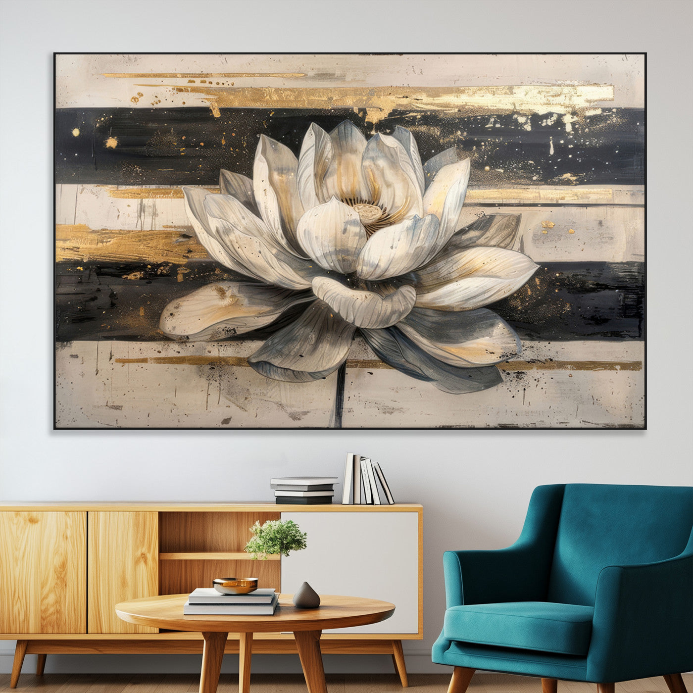 SEG-FC-51X34_Oversize - Lotus Flower Wall Art Canvas Print, Framed Abstract Lotus Art Picture Print, White Lotus Flower Perfect Abstract Floral Decor Artwork