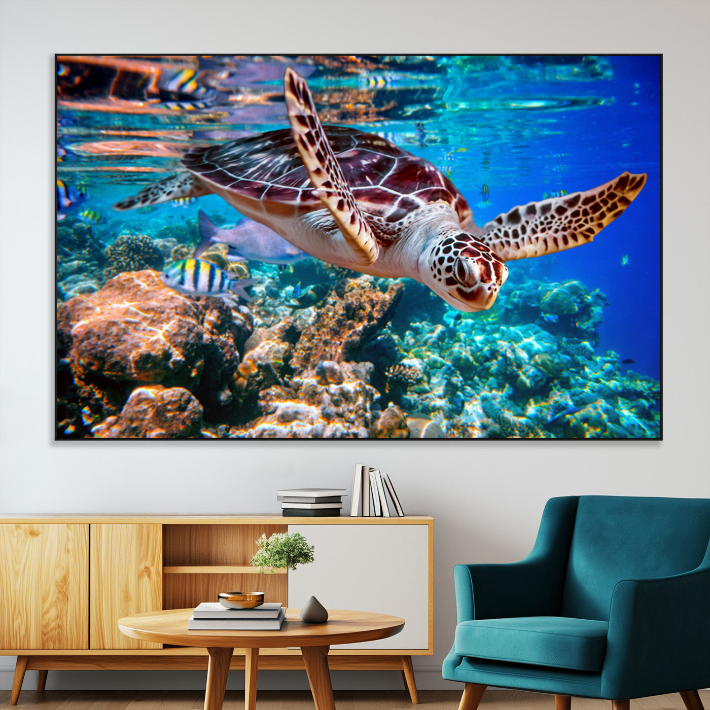 SEG-FC-51X34_Oversize - Underwater Coral Reef Sea Turtle Wall Art Canvas Print, Vibrant Marine Life | Colorful Ocean Scene