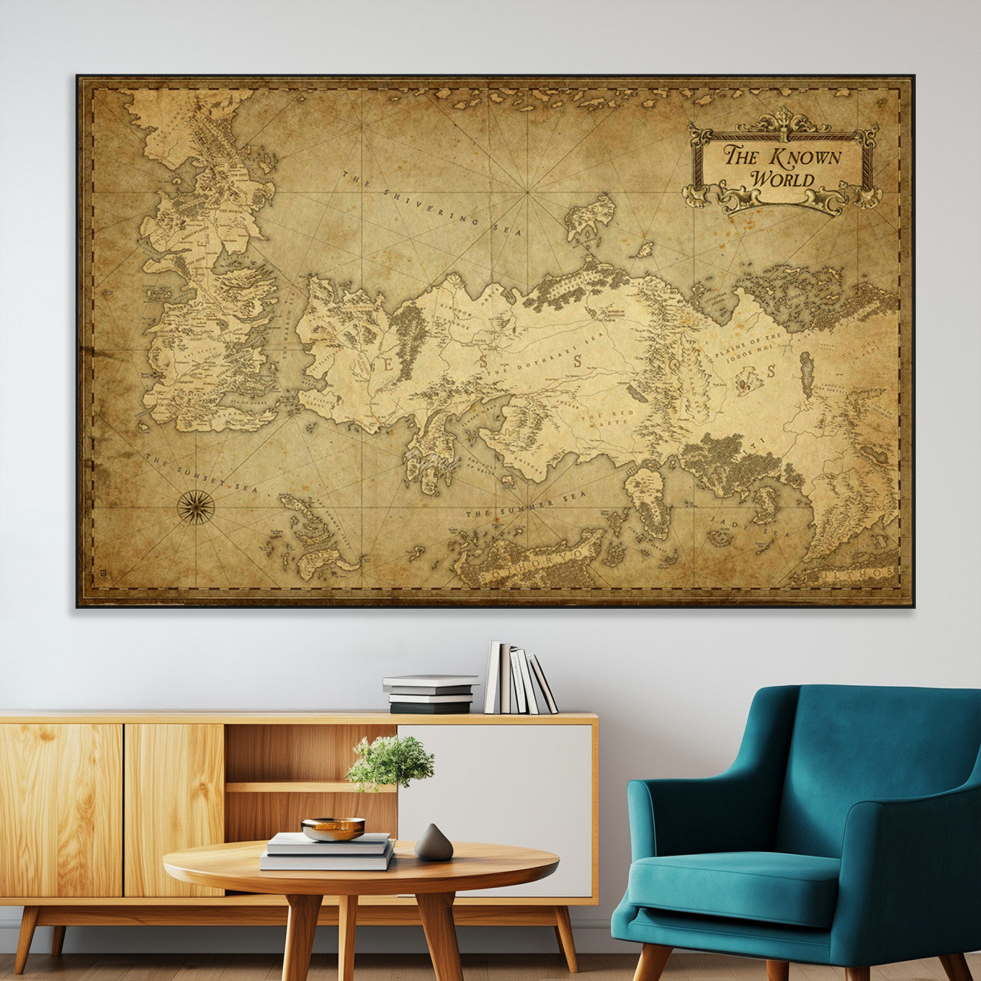 SEG-FC-51X34_Oversize - Vintage Game of Thrones Map Wall Art | Westeros and Essos Antique Style Print | The Known World in Triptych Canvas | Giclee Canvas for Fantasy Lovers