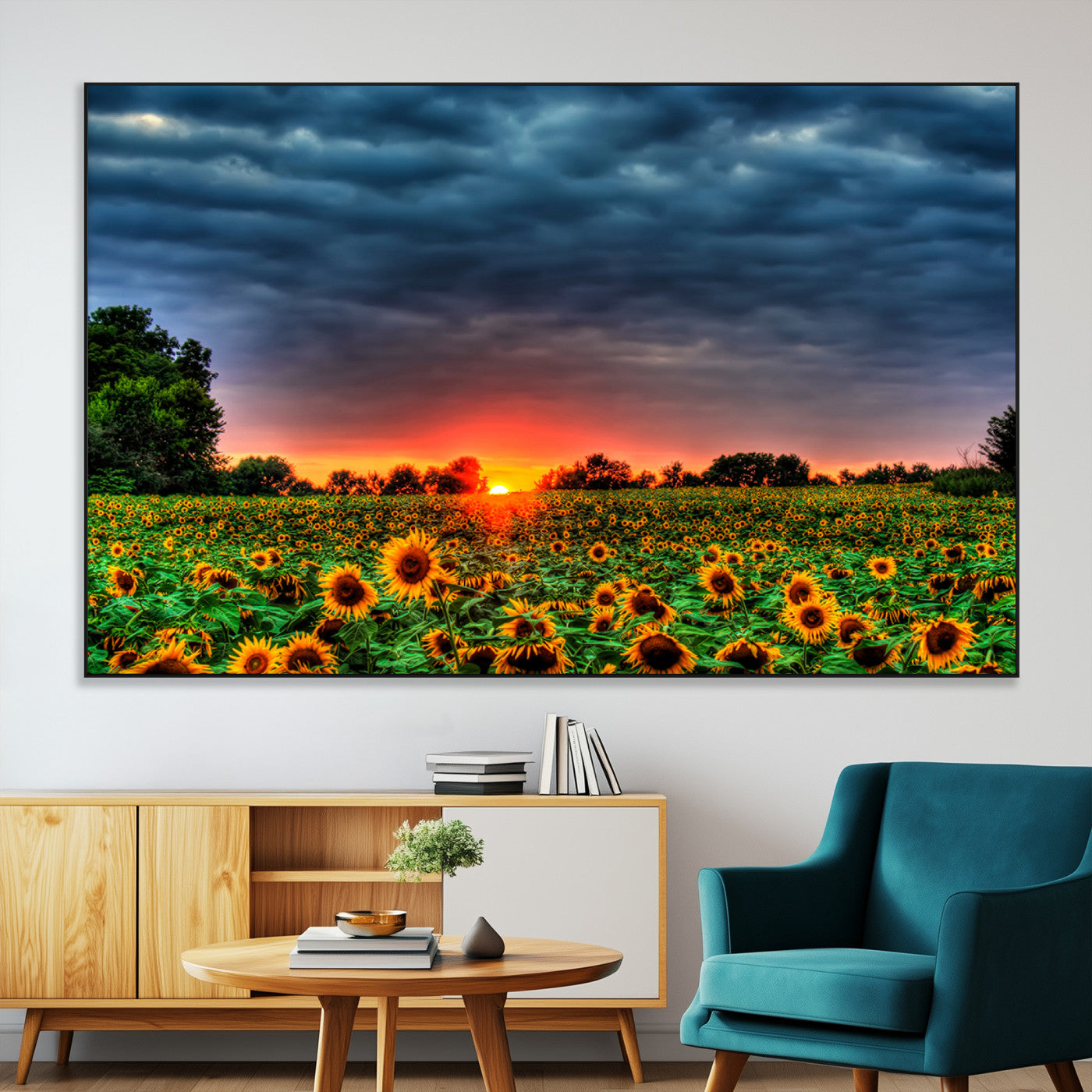 SEG-FC-51X34_Oversize - Golden Sunflower Field at Sunset – Breathtaking Sky and Vibrant Flowers, Ready to Hang Wall Art