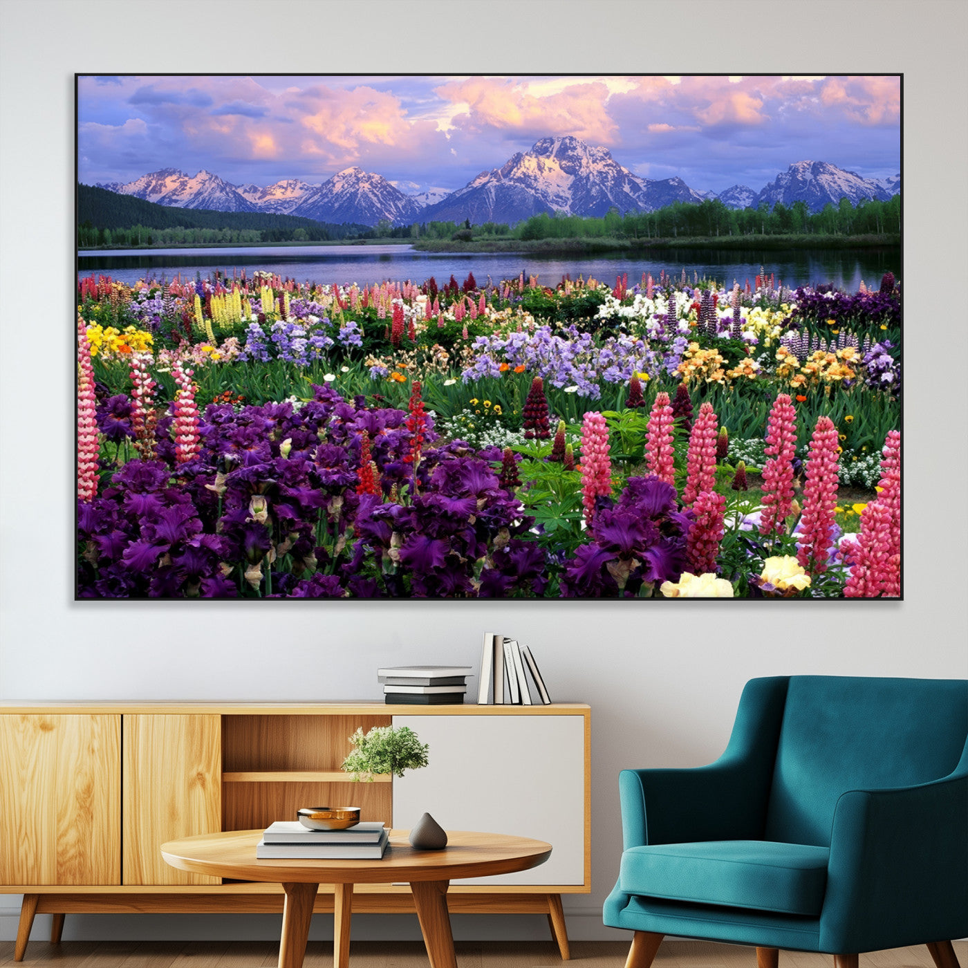SEG-FC-51X34_Oversize - Vibrant Wildflower Garden and Mountain View Giclee Canvas Print | Floral Wall Art for Living Room