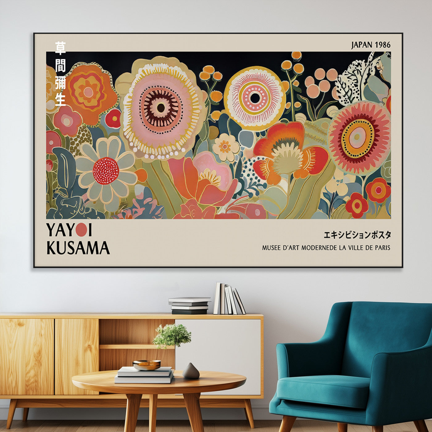 SEG-FC-51X34_Oversize - Yayoi Kusama Landscape Canvas Print, Vibrant Floral Mountain Art Print, Botanical Flower Nature Decor, Sunset Scenery Artwork