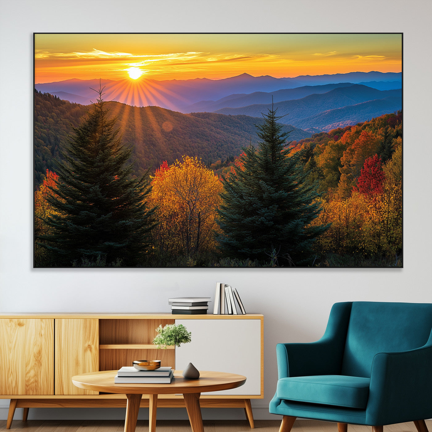 SEG-FC-51X34_Oversize - Golden Sunset Over Mountain Forest Canvas Wall Art Print - Warm Nature-Inspired Landscape for Living
