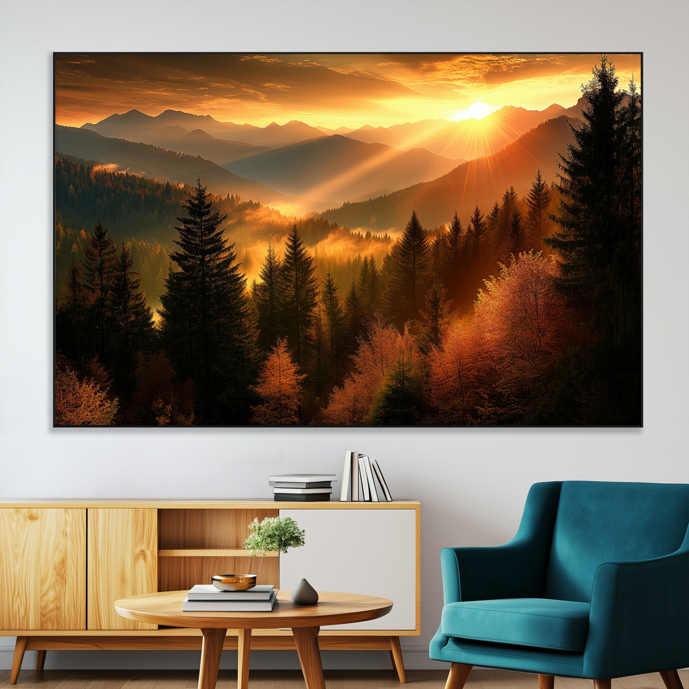 SEG-FC-51X34_Oversize - Golden Sunset Over Mountain Forest Canvas Wall Art Print - Warm Nature Landscape Print