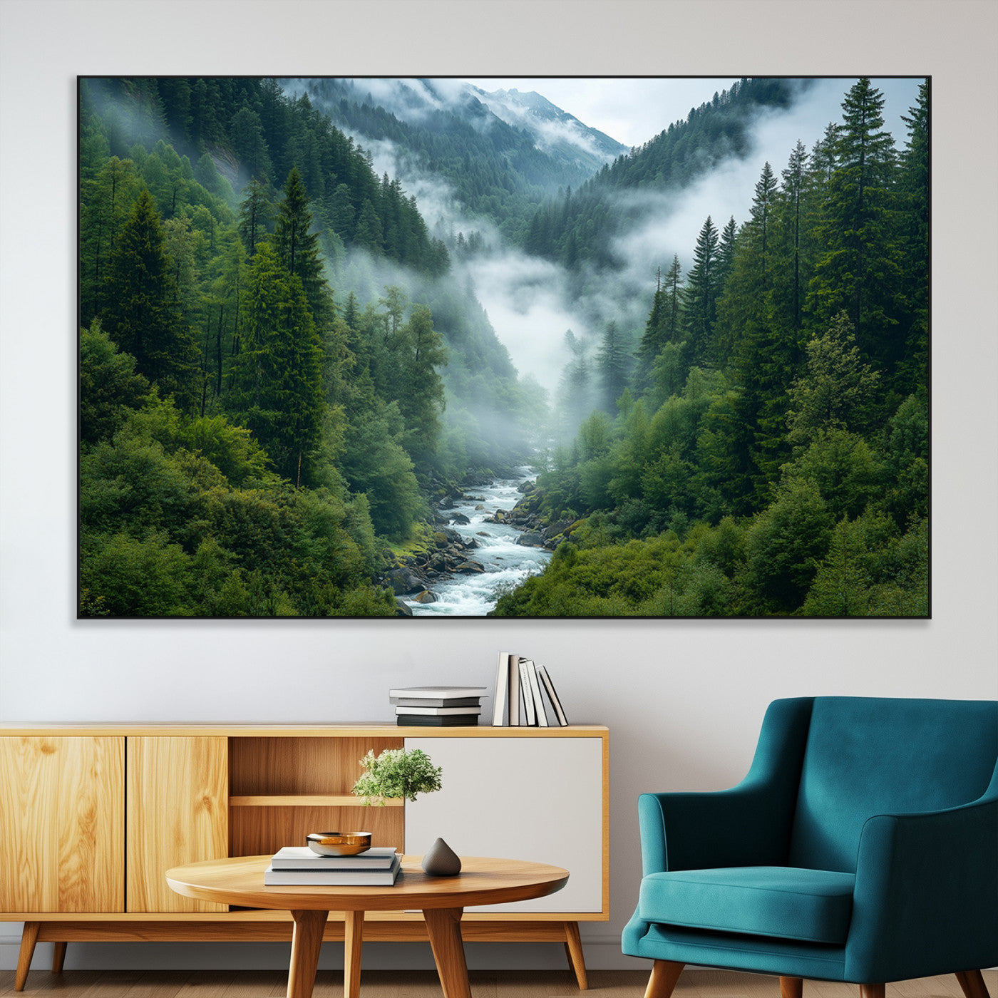 SEG-FC-51X34_Oversize - Mountain Forest River Canvas Wall Art Print - Serene Nature Landscape for Living Room, Office, or