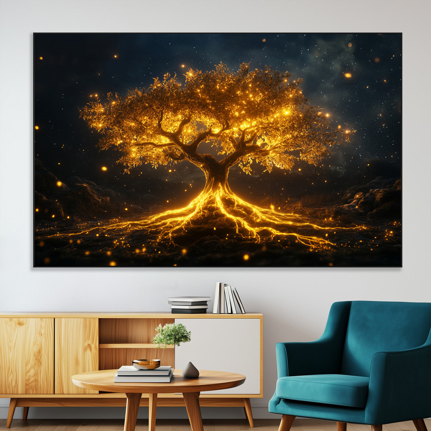 SEG-FC-51X34_Oversize - Golden Tree of Life Canvas Wall Art Print - Majestic Glowing Tree Design for Living Room, Office, or