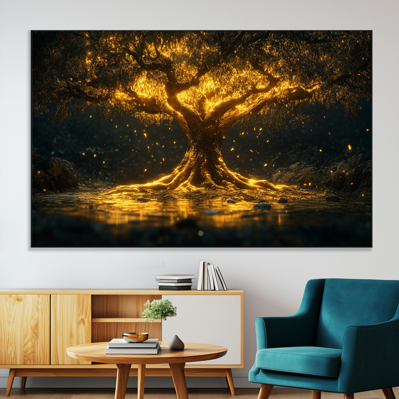 SEG-FC-51X34_Oversize - Golden Tree of Life Canvas Wall Art Print - Majestic Glowing Tree Wall Art Print