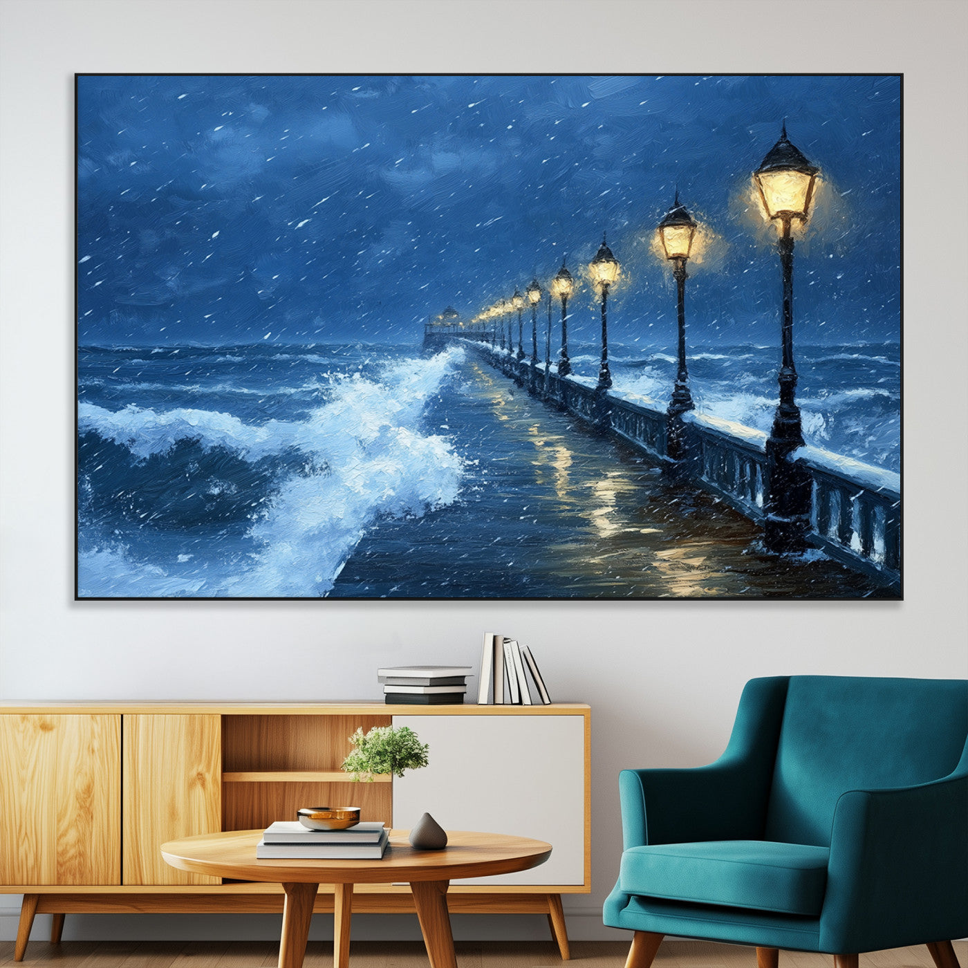 SEG-FC-51X34_Oversize - Stormy Ocean Pier Lights Canvas Wall Art Print - Large Moody Night Scene for Living Room, or Office,