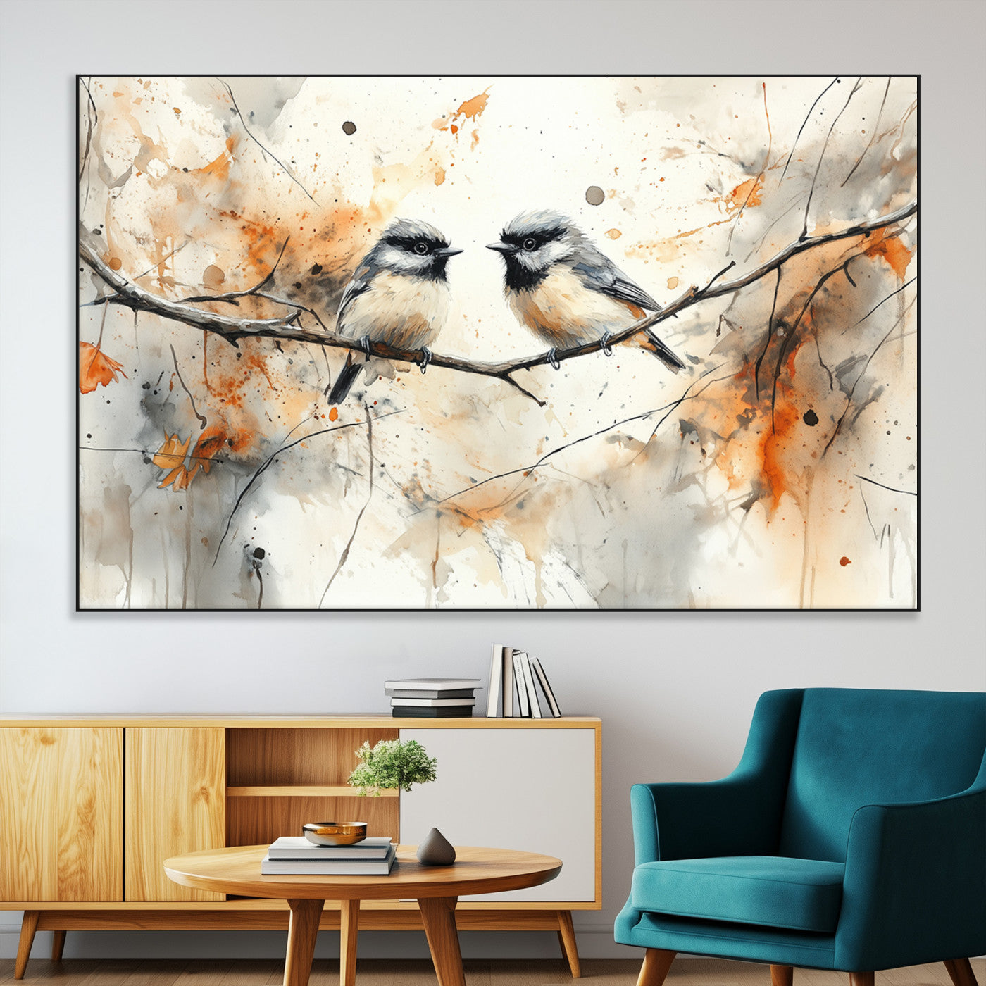 SEG-FC-51X34_Oversize - Abstract Watercolor Chickadee Bird Canvas Wall Art Print - Large Bird and Branch Wall Art, Modern