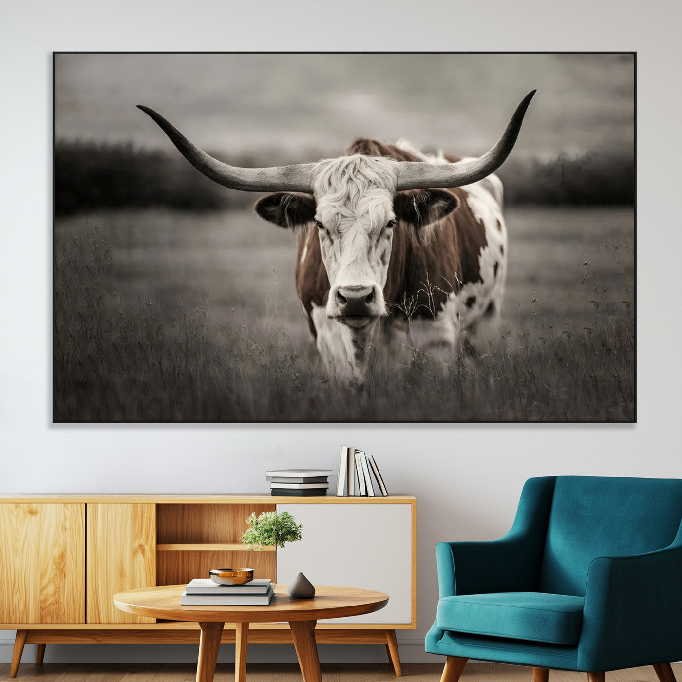 SEG-FC-51X34_Oversize - Texas Longhorn Cow Canvas Wall Art Print - Large Rustic Longhorn Art for Living Room, Western Wall