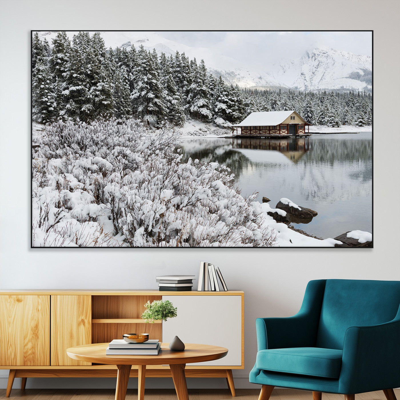 SEG-FC-51X34_Oversize - Winter Wall Art - Cabin by the Lake Canvas Wall Art - Serene Snowy Landscape with Mountain View,
