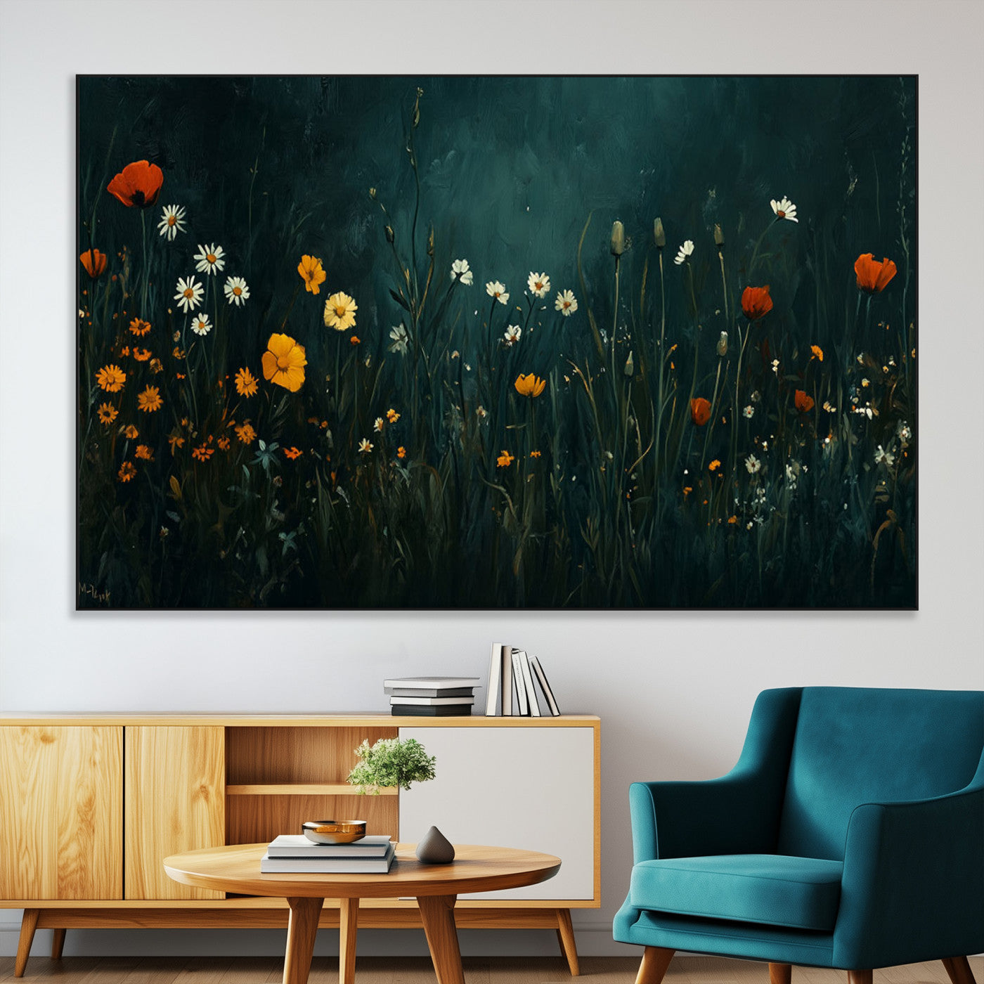 SEG-FC-51X34_Oversize - Framed Wildflower Field Wall Art, Framed Vintage Botanical Landscape Sign, Floral Decor, Modern