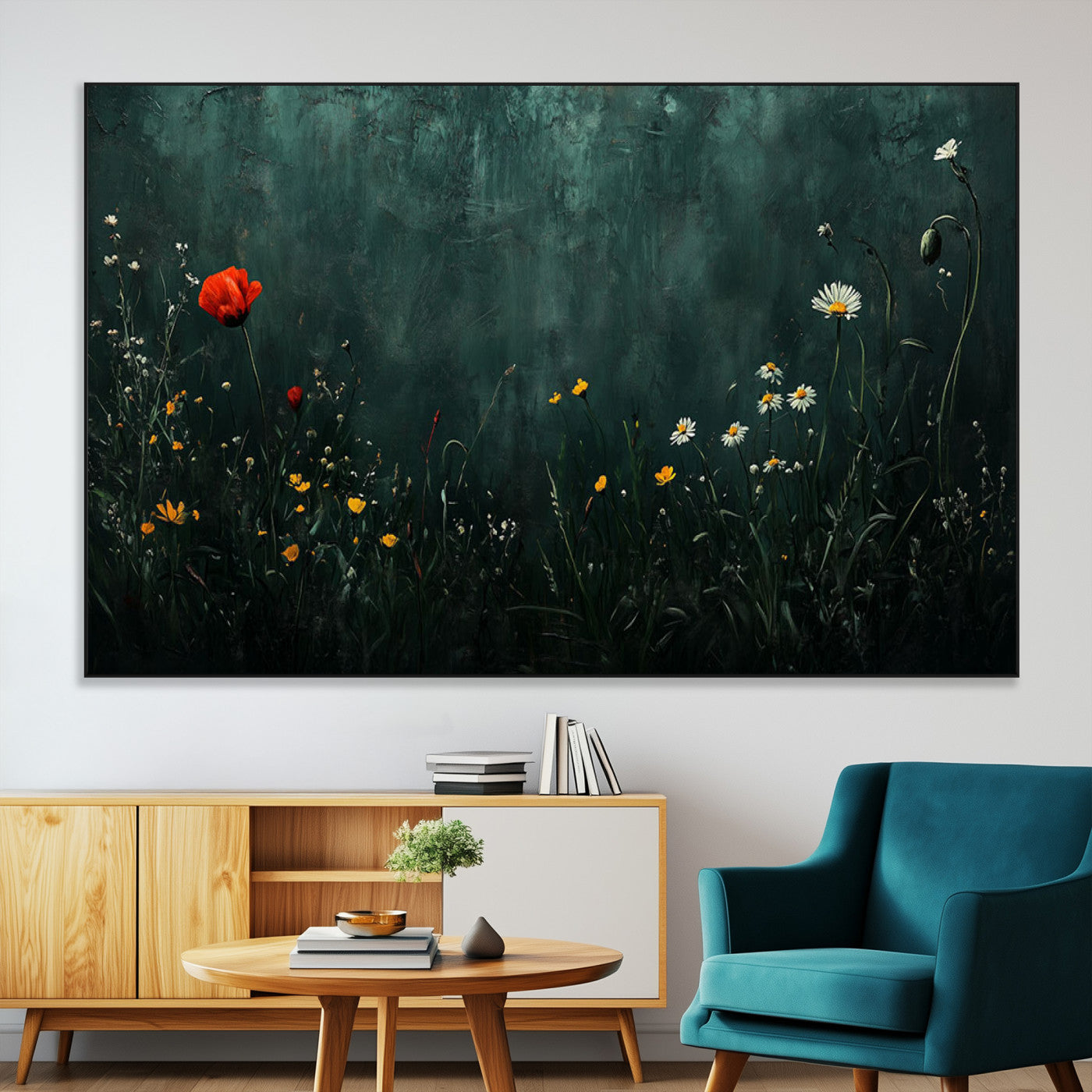 SEG-FC-51X34_Oversize - Wildflower Field Framed Wall Art, Vintage Botanical Landscape Sign, Botanical Wall Art, Modern