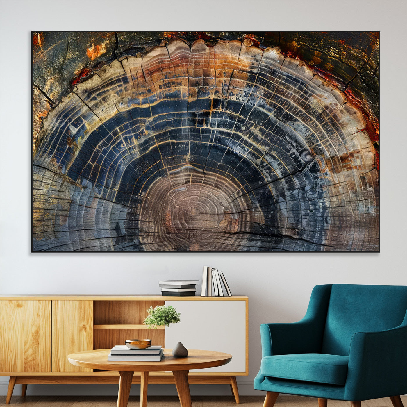 SEG-FC-51X34_Oversize - Framed Tree Ring Wall Art - Abstract Colorful Tree Ring Wall Decor, Minimalist Home Canvas Art,