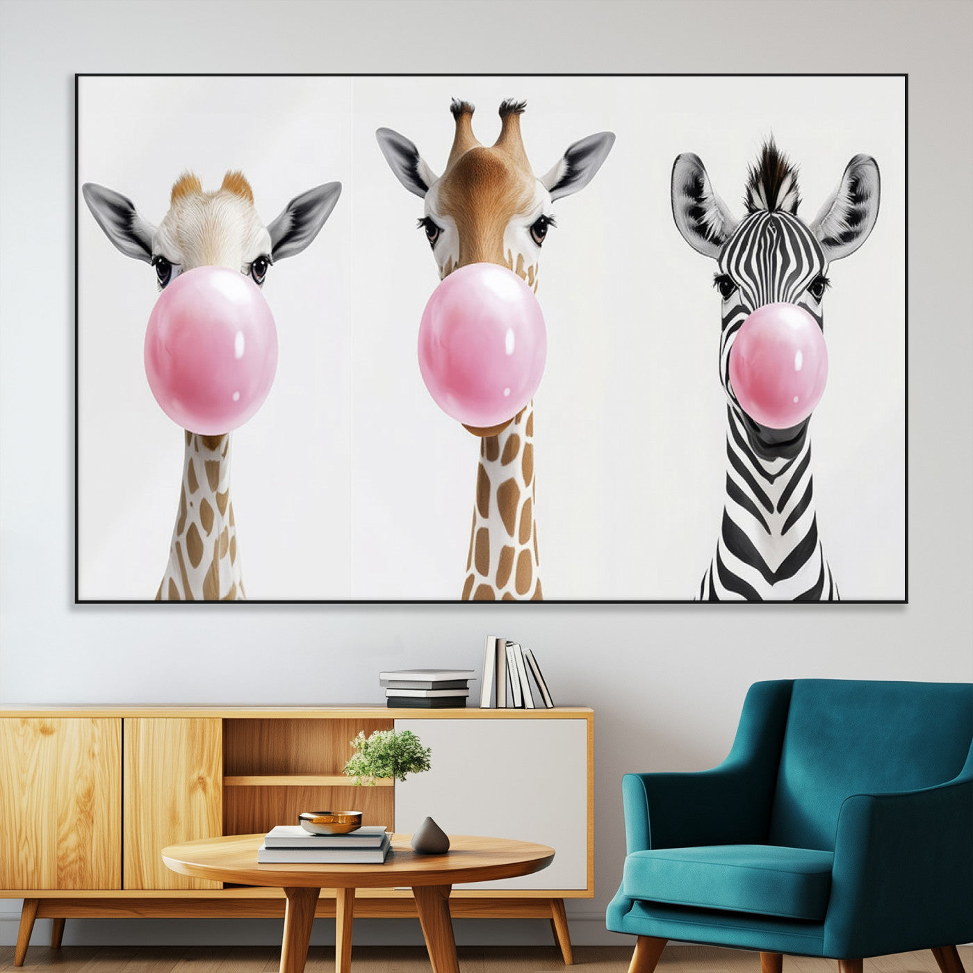 SEG-FC-51X34_Oversize - Bubblegum Animals Canvas Wall Art - Playful Giraffe and Zebra Trio, Fun Nursery Decor for Kids'