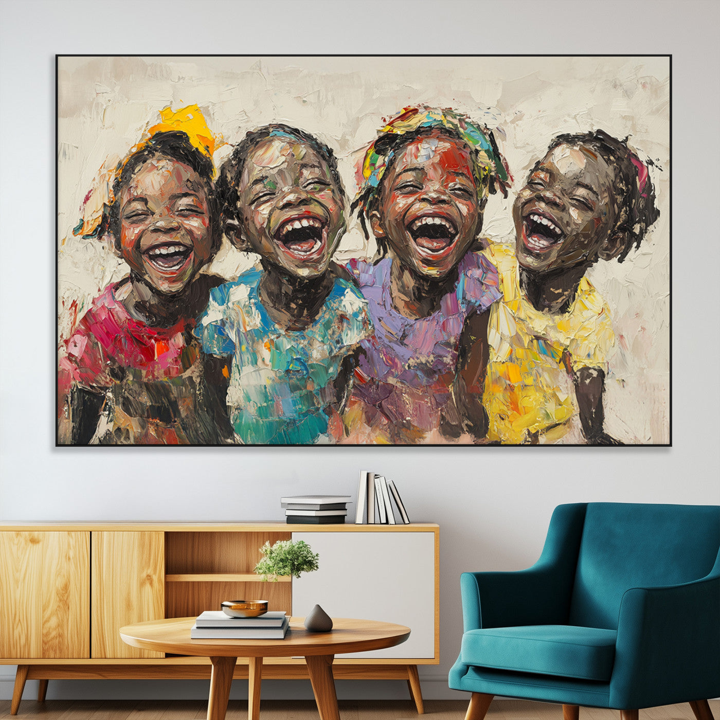 SEG-FC-51X34_Oversize - Shai Yossef style Joyful Childhood Canvas Wall Art - Expressive Impasto Painting of Black Children