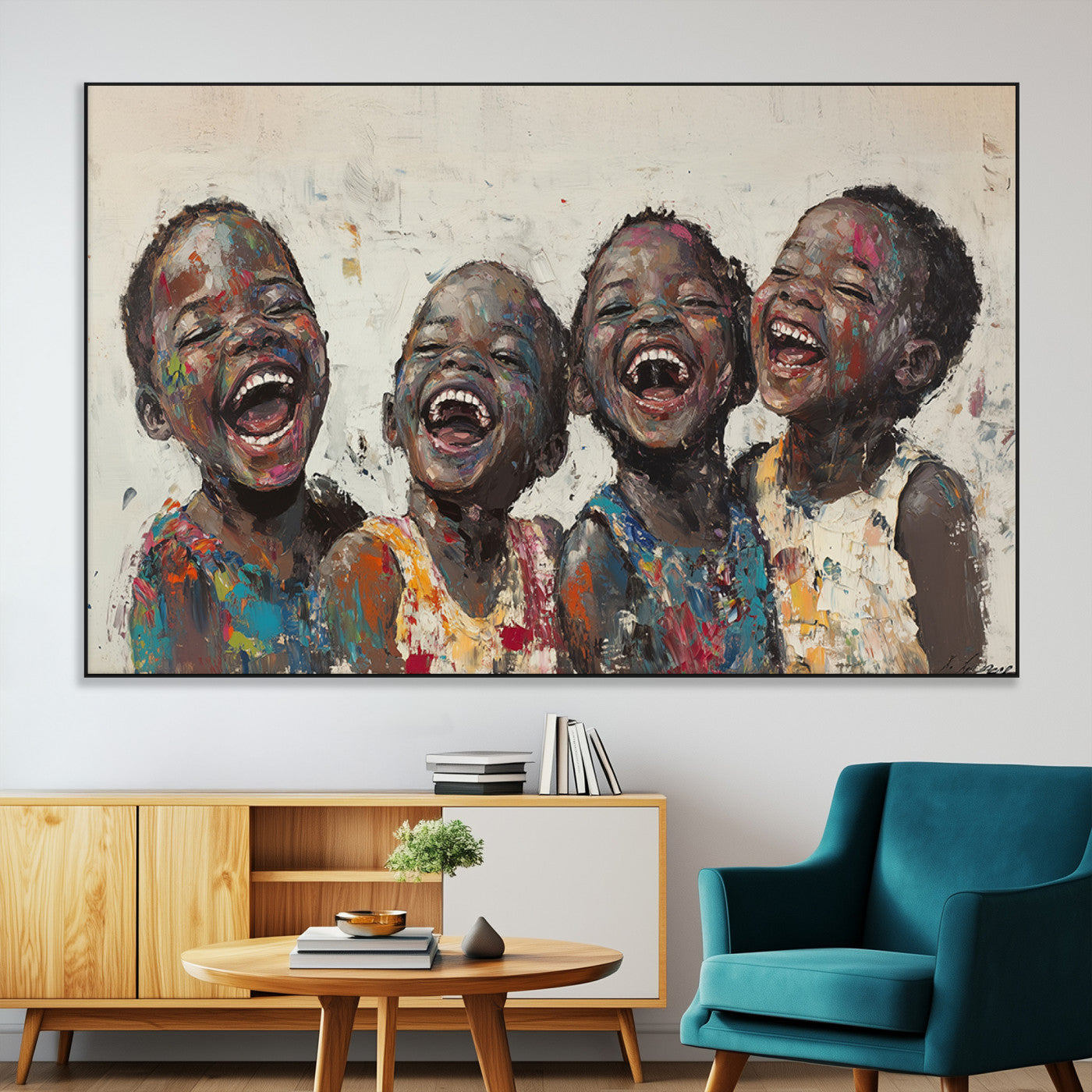 85256-MGV-CV-36X24-Shai Yossef Print - Joyful Childhood Canvas Wall Art - Expressive Impasto Painting of Laughing