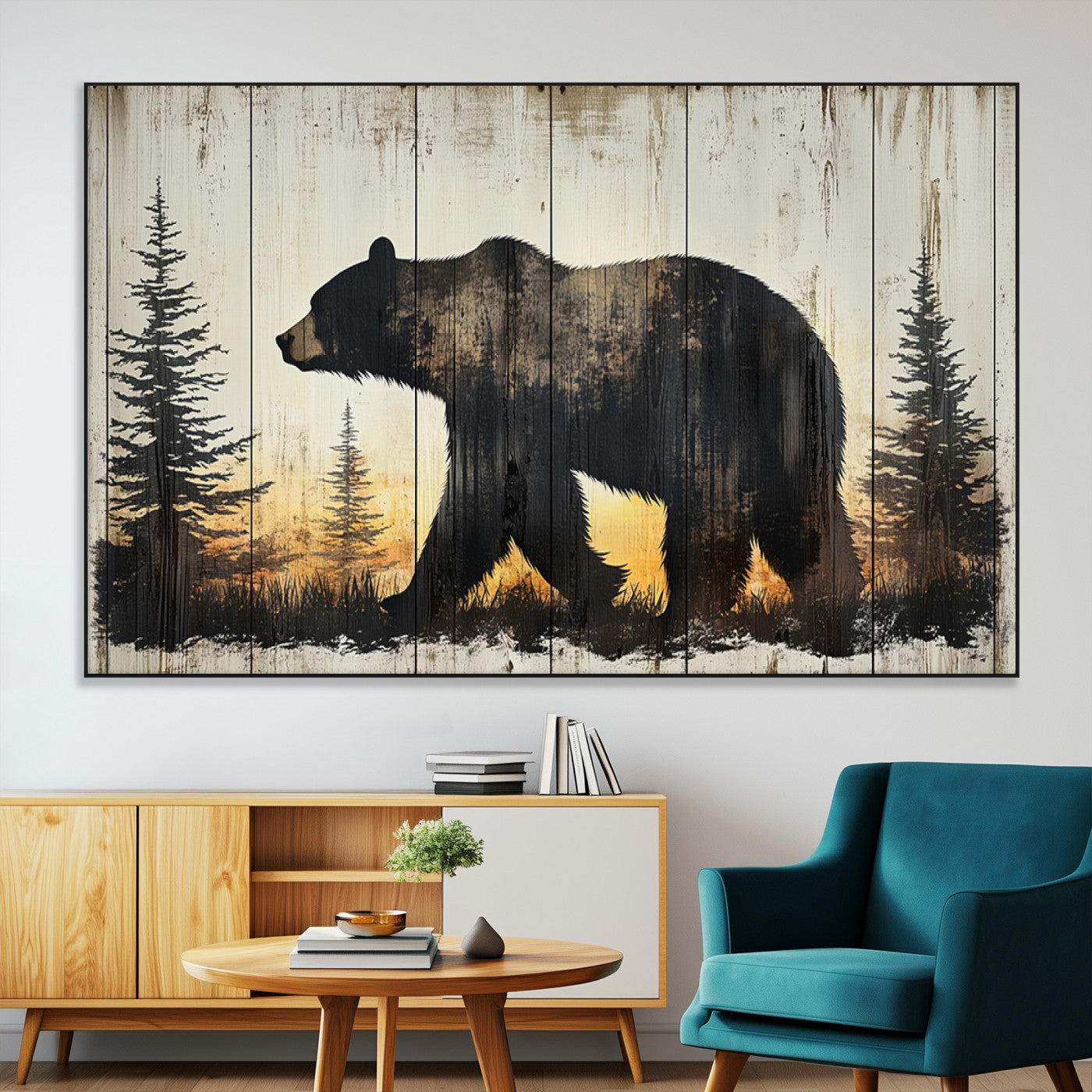 83875-MGV-CV-36X24-Vintage Bear Wall Art Canvas Print for Farmhouse - Mountain Wood Canvas Wall Art - Forest Silhouette