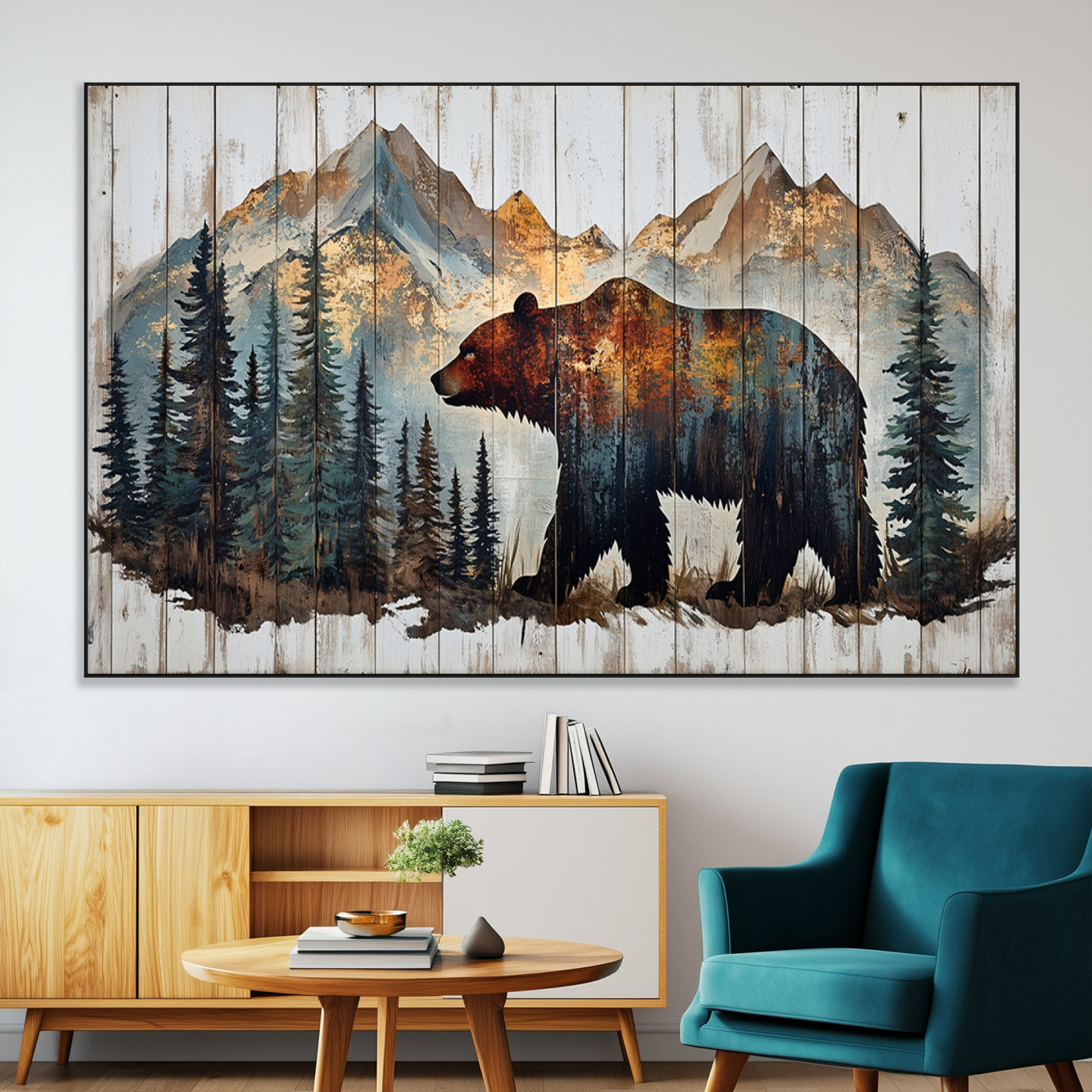55777-MGV-CV-36X24-Rustic Grizzly 399 Bear and Mountain Wood Canvas Wall Art - Framed Nature Artwork with Forest