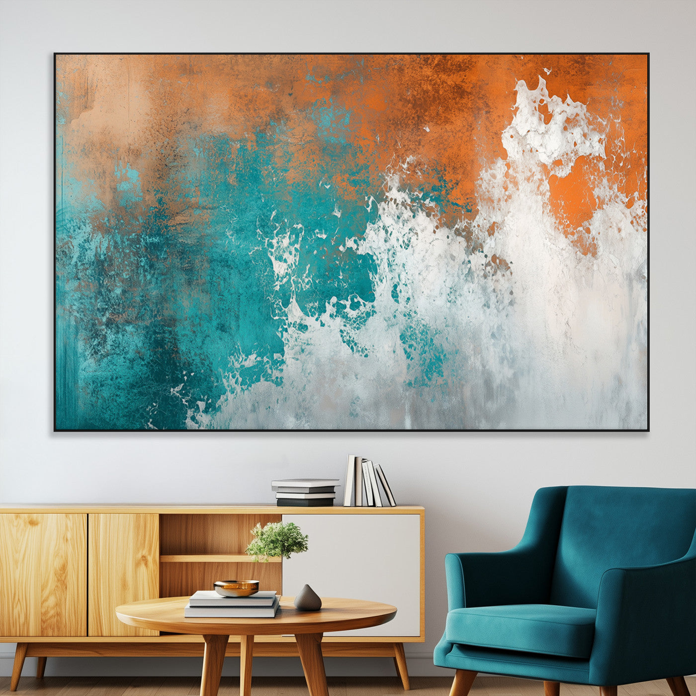 SEG-FC-51X34_Oversize - Vintage Abstract Print - Bold Teal and Orange Canvas Wall Art - Retro-Vintage Abstract Orange Canvas
