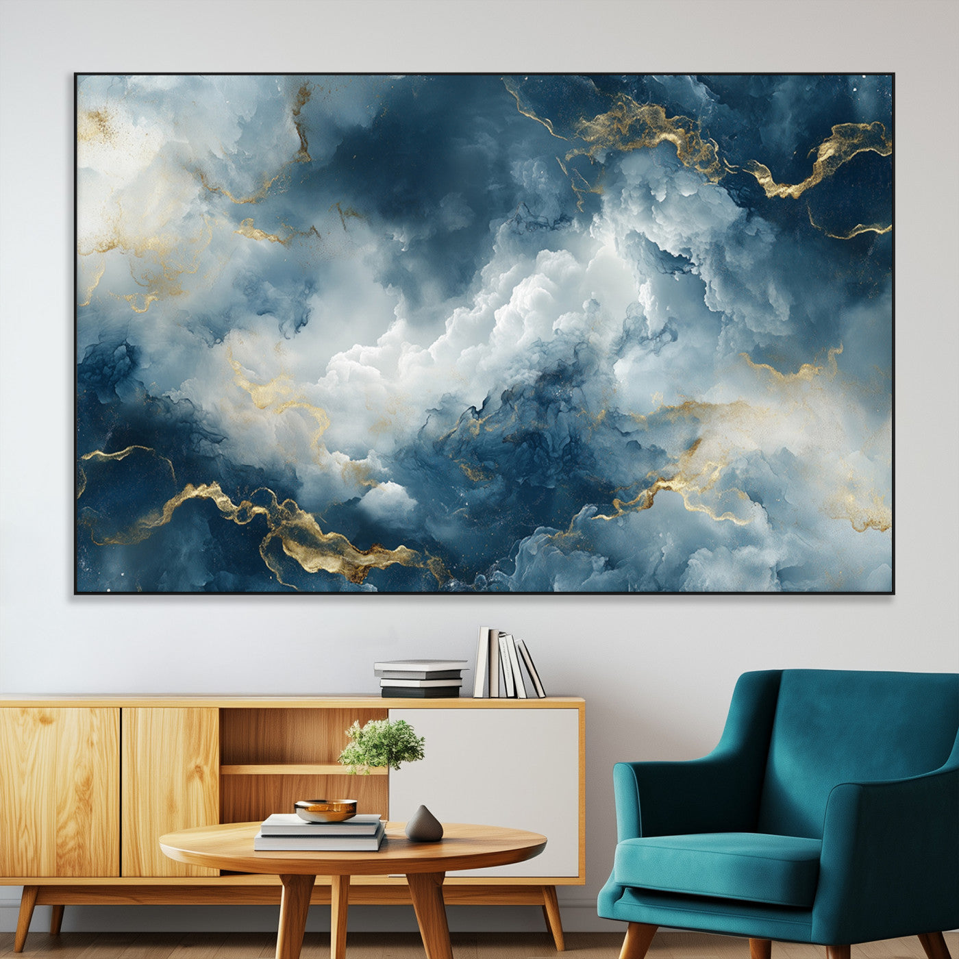 SEG-FC-51X34_Oversize - Large Abstract Print - Luxe Blue and Gold Abstract Canvas Wall Art - Bold Cloudscape Canvas for