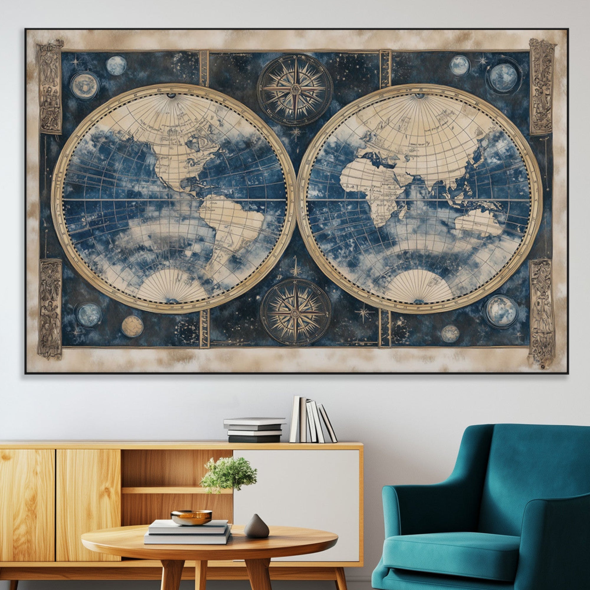 46473-MGV-CV-36X24-Framed Vintage Blue World Map Canvas Print – Antique Double Hemisphere Wall Art for Home and Office Decor, Classic Explorer Map Artwork