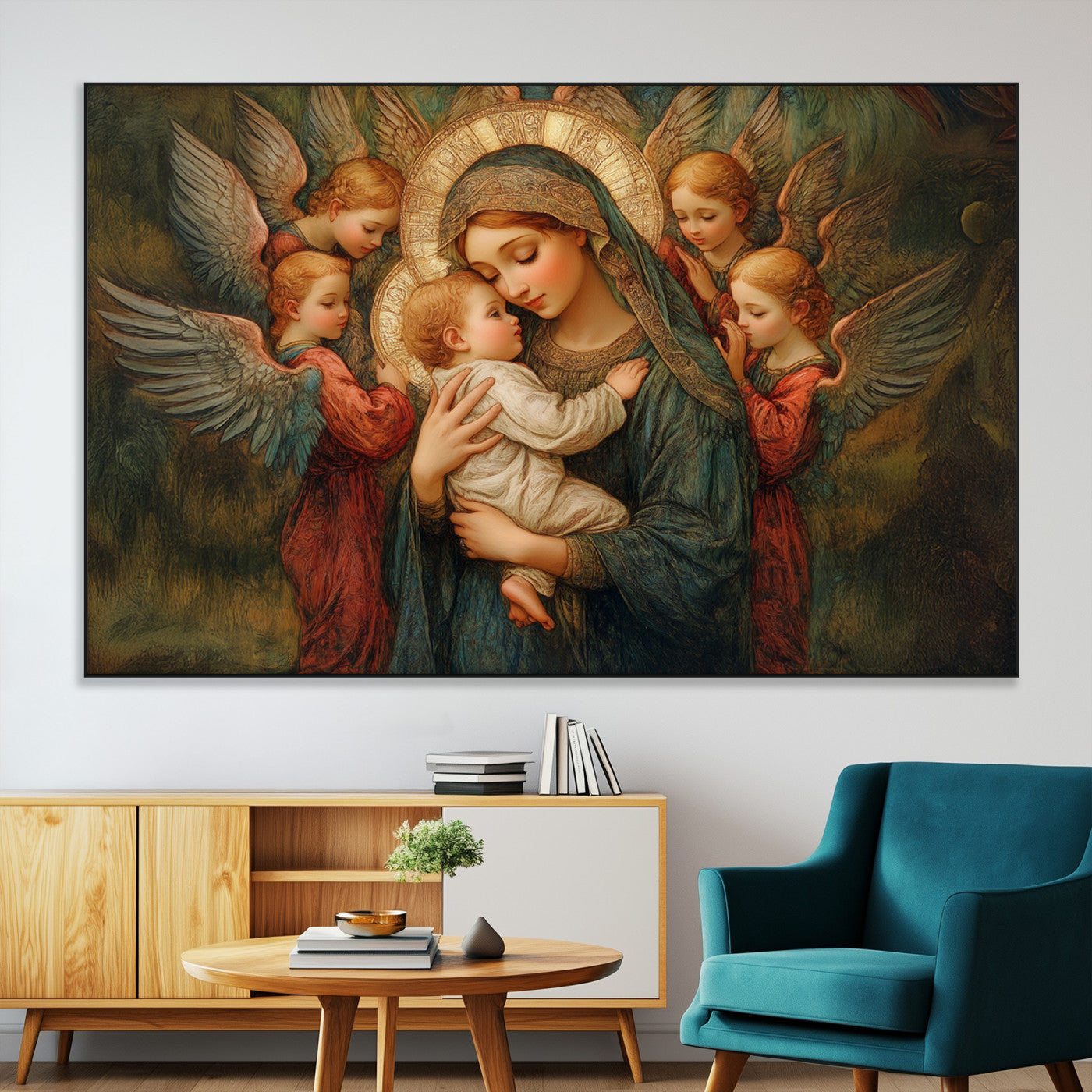 SEG-FC-51X34_Oversize - Mary Jesus Canvas Wall Art Print - Madonna and Child with Angels Art Print - Classic Christian
