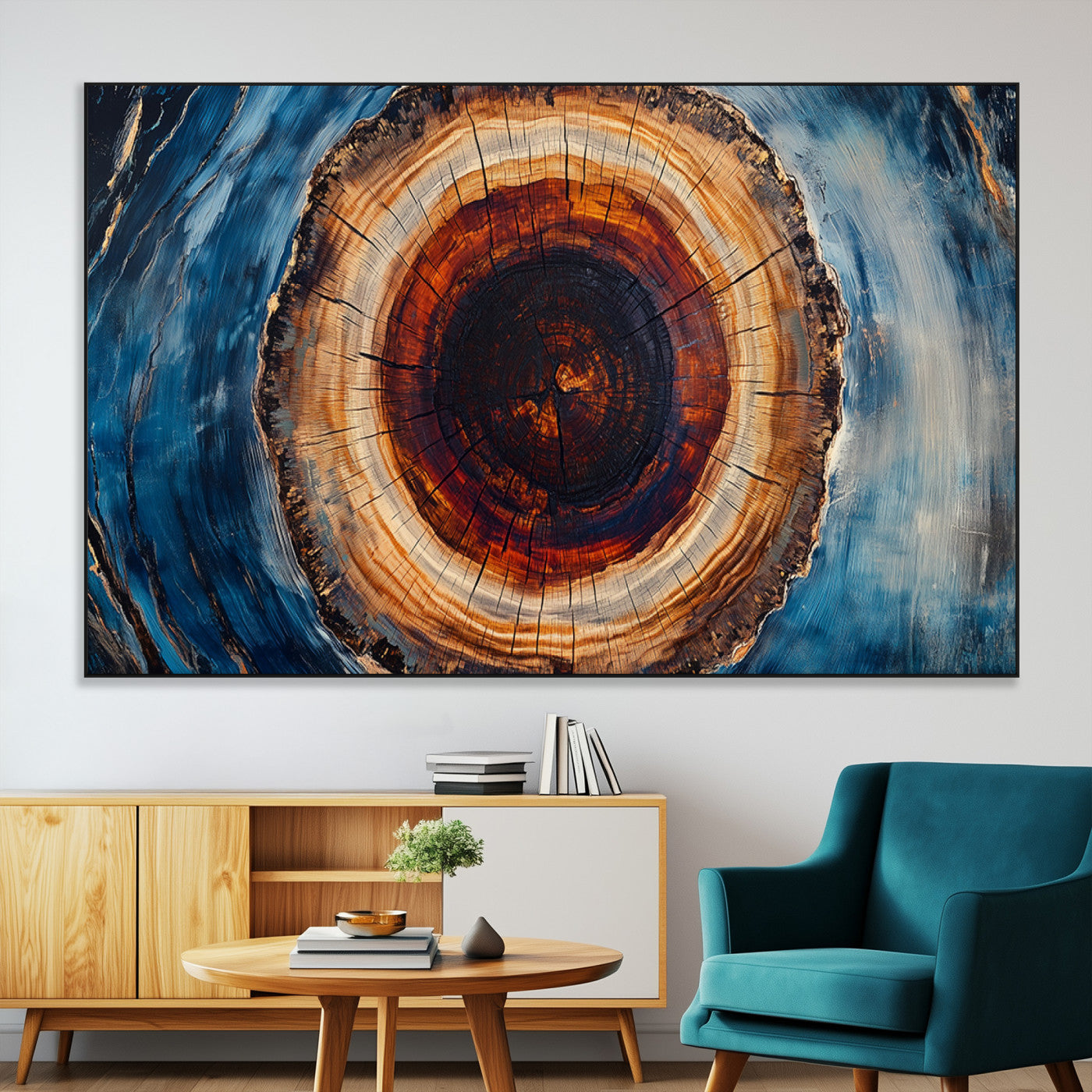 SEG-FC-51X34_Oversize - Framed Abstract Tree Ring Wall Art Print, Natural Rustic Wood Texture Canvas Print, Wood Tree Stump