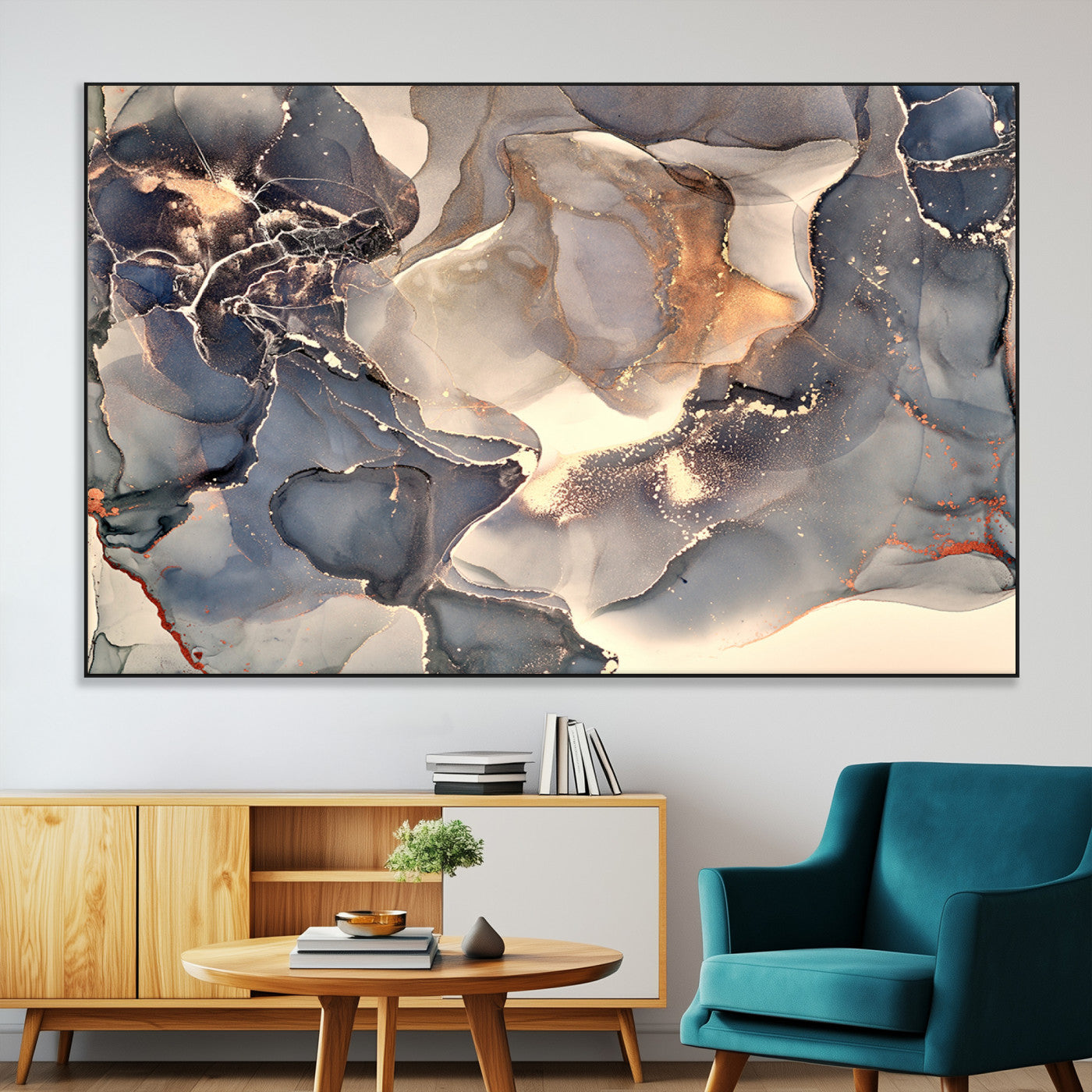 SEG-FC-51X34_Oversize - Abstract Blue and Gold Wall Art - Fluid Ink Artwork - Modern Luxury Wall Decor for Contemporary